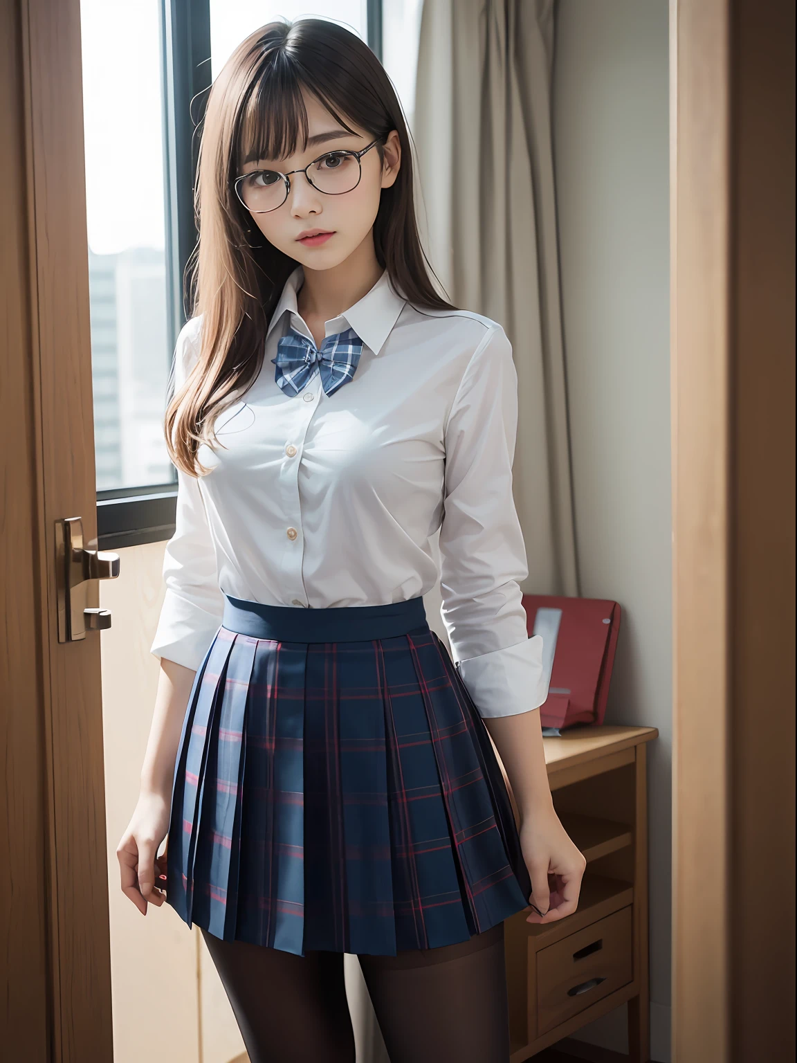 (8K、Raw photography、top-quality、masterpiece:1.2),Bullish,Muchimuchi,Erotic,Pupils,Light Blue Bra,de pele branca,kne,(Black pantyhose),absurderes,a small face,small tits,flat breast,Parting the bangs from the middle、Forehead visible,(a cold expression,Tight eyes,glares,Bullish,skinny,Rasping,irate)、masterpiece,top-quality、超A high resolution,Raw photo,ren,Beautiful fece,One Person, 独奏,eye glass,,Dark look,Small breasts,fullllbody,Round glasses、cute little、JK school uniform,hi-school girl,A Japanese Lady,is standing,(Photorealsitic:1.37)、Photon mapping,Realistic、Cute little face,Brown-eyed、Black socks、(Red bow tie)、Radio City、Physically Based Rendering、Foreground、depth of fields、Blurry background、a picture,The girls、Body,beauty legs, Long legs, Thin leg,tie your hair in one strand,(Bangs are visible), hair, s lips, Blue_The eye, nosesoft,(Light blue shirt), (Navy and blue and white plaid pleated skirt), Knees are visible,Sheer clothing,, Thigh, Black cotton socks,Nogizaka Idol, 女優, Japanese ido