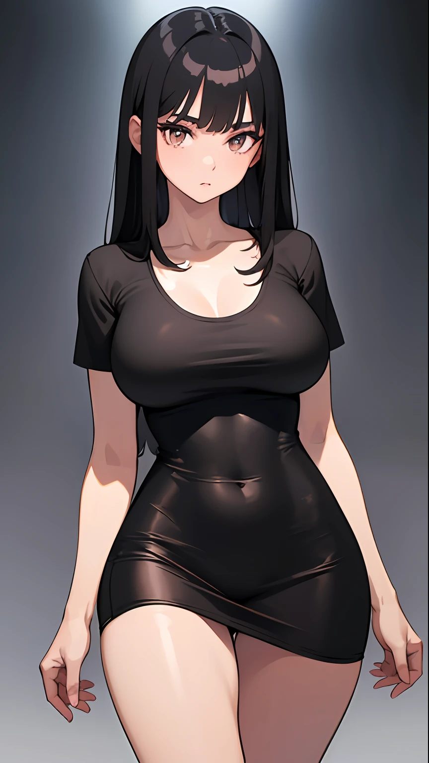 1girl, solo, long black t-shirt, oversized shirt, masterpiece, best quality, realistic, hyper-detailed, shiny skin, absurd, looking at viewer, long black hair, brown eyes, slender, dynamic lighting, high resolution, sharp focus, depth of field, detailed eyes, sharp pupils, realistic pupils, (large breasts:1.2), thick thighs, black miniskirt