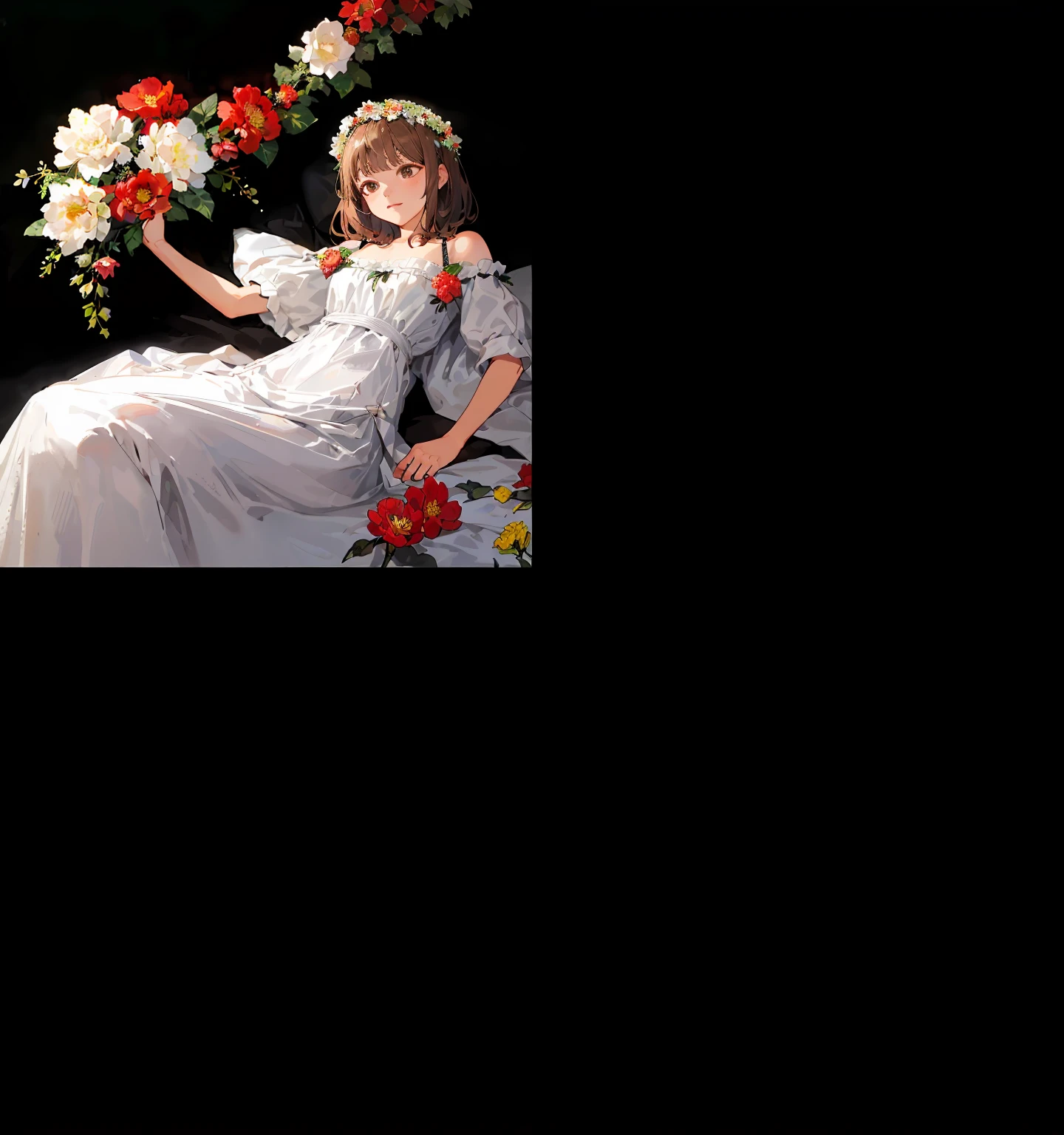 Walnut just finished taking a bath，Sit on a bed full of flowers