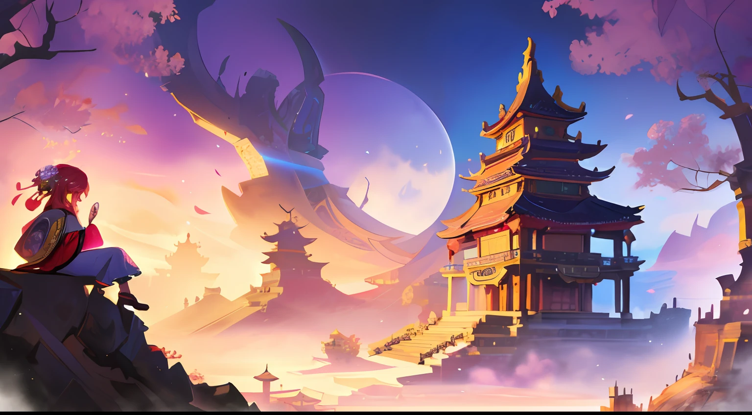 a drawing,A girl sits on a stone holding a flower, girl under lantern, Inspired by Cyril Rolando, cyril rolando and goro fujita, yellow magic theme, Palace , A girl in Hanfu, the glow of the moonlight, Fantasy art style, in the style of Cyril Rolando, Chinese fantasy, Anime fantasy illustration, (tmasterpiece,top Quority,best qualtiy,offcial art,Beauty and aesthetics:1.2),(1girl),Extremely detailed,(s fractal art:1.3),extremely colorful,Most detailed