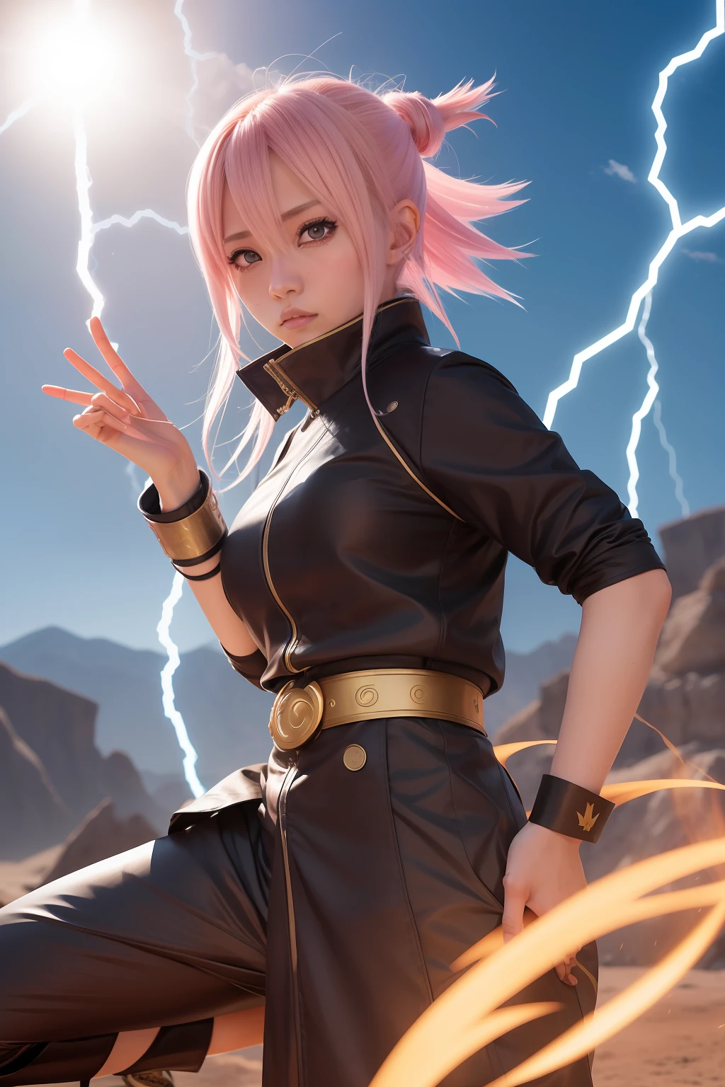 Anime character with lightning in hand, inspired by INO, anime style character, Desert Fighter Ancient Mage, inspired by Kanbun Master, saiyan girl, Wind Sorcerer!, The Joker(As Naruto), inspired by Un'ichi Hiratsuka, dynamic energic pose, In a Japanese anime style, inspired by Tetsugoro Yorozu, mana in the air