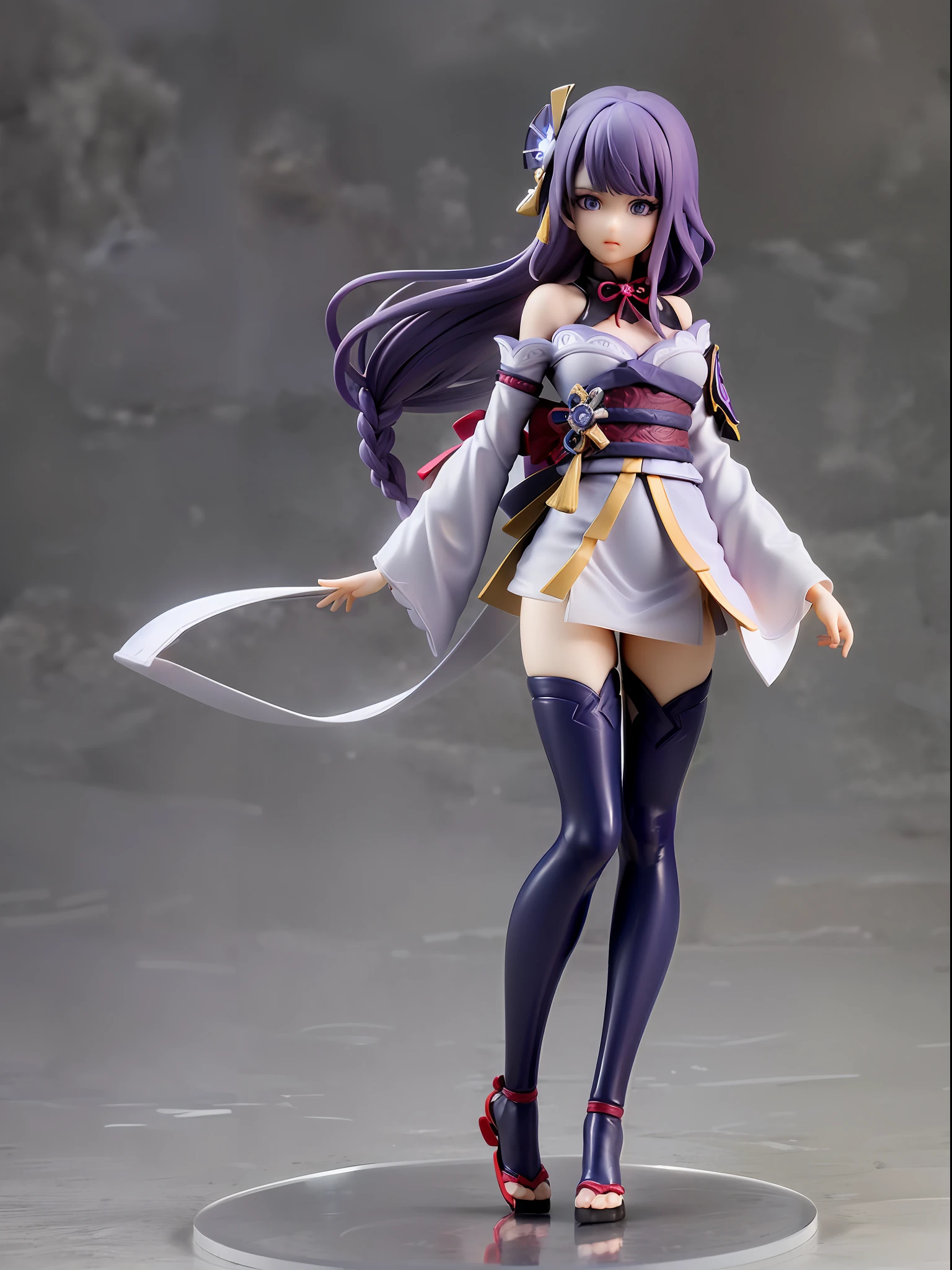(Blind box toy style:1.3), ((Full body photo:1.5)) , 1 masterpiece, ((??????? correct:1.4))，Best quality,,(((Raiden Shogun))) ((Genshin Impact)), 1 girl solo, Slim little kimono，Purple stockings，Slender legs，The clothes slipped off the shoulders，Expose the upper part of the chest， dreamy glow, Clean, Purple clean background ，（circular base:1.3）( Global illumination, Ray traching, hdr, unreal render,reasonable design, high detal, Masterpiece, Best quality, hyper HD, Cinematic lighting)