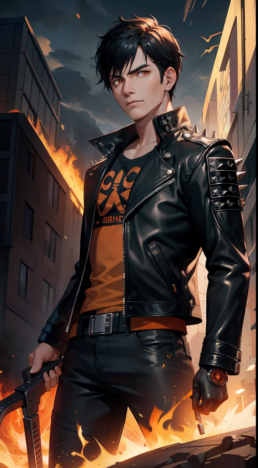 Grown-up guy, short black hair, Orange Eyes, leather jacket with spikes, circuits, Ghost Rider, Masterpiece, hiquality