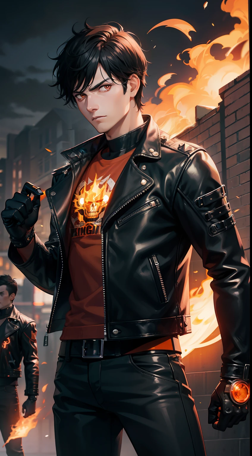 Grown-up guy, short black hair, Orange Eyes, leather jacket with spikes, circuits, Ghost Rider, Masterpiece, hiquality