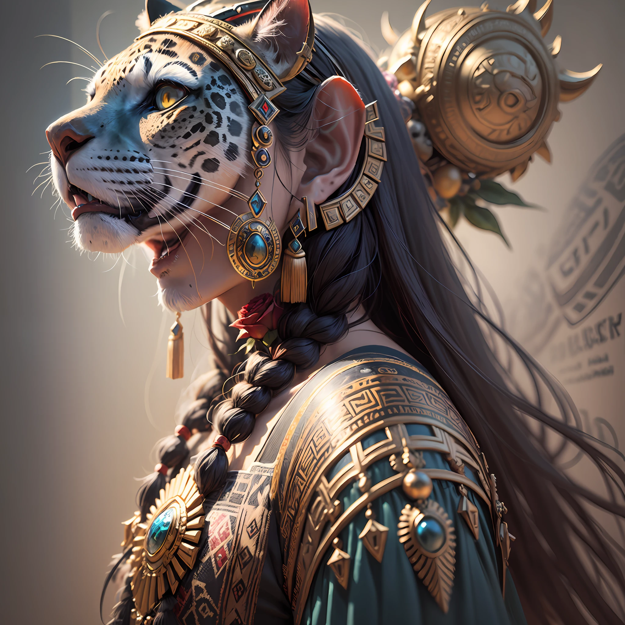 aztec art wall 3D, king, skulls, jaguar, colorful headdress, roses, beautiful digital art, exquisite digital illustration, beautiful fantasy art portrait, stunning digital painting, beautiful digital painting, colorfull digital fantasy art