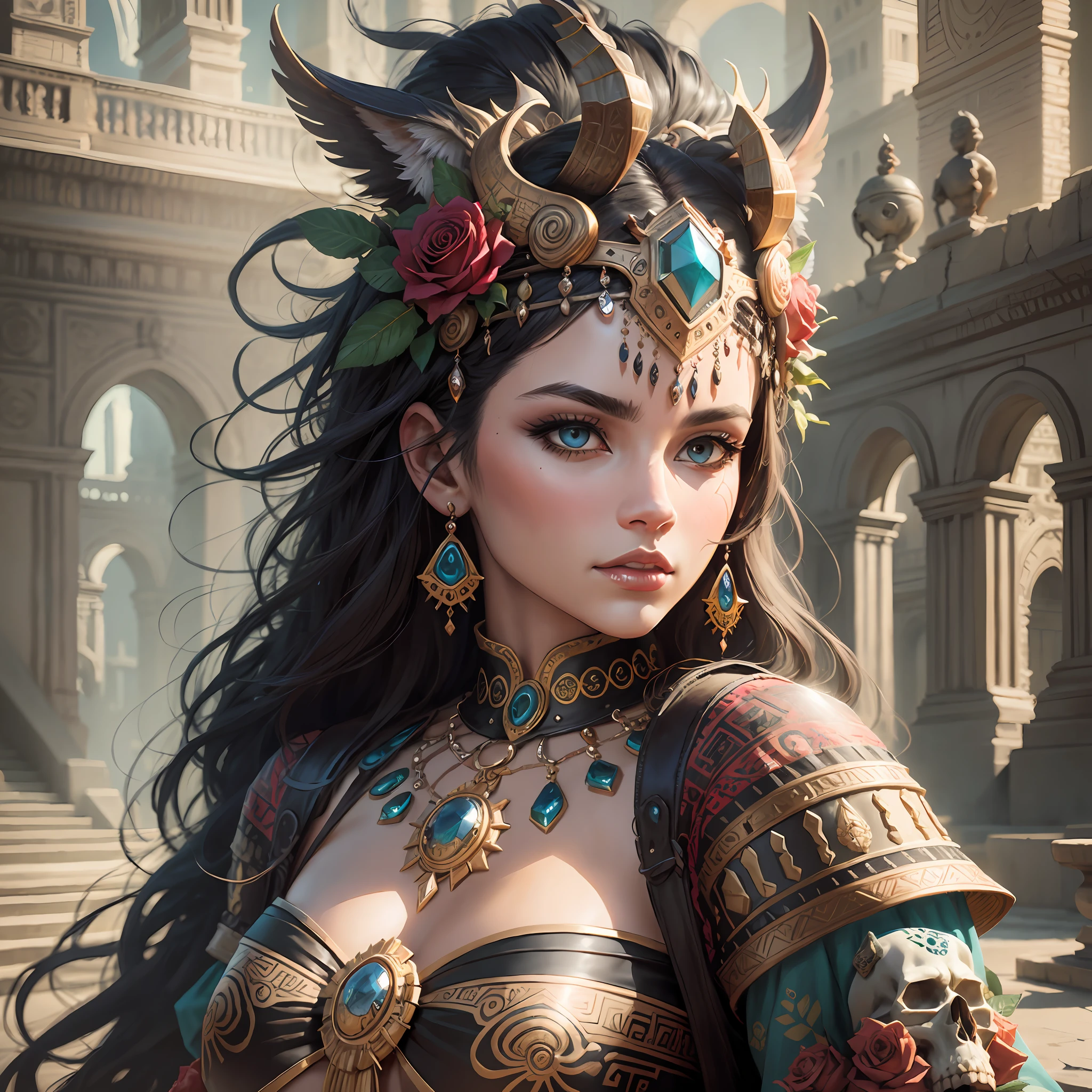 aztec art wall 3D, king, skulls, jaguar, colorful headdress, roses, beautiful digital art, exquisite digital illustration, beautiful fantasy art portrait, stunning digital painting, beautiful digital painting, colorfull digital fantasy art