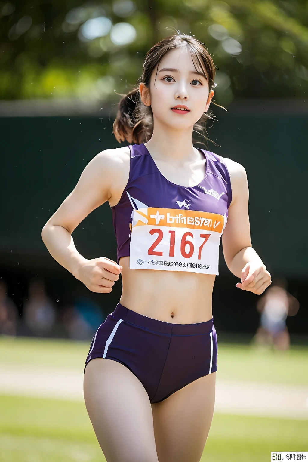 (((Sports, Short, Long, Running, Jogging, Marathon, Exercise, Athletics, Running, Running Posture, Running, Feeling of Galloping, Sweat, Sweat, Sweating Lots)))), ((Volley Uniform: 1.3, White, Red, Blue, Uniform: 1.3, Lower, Swaying, Hetero)), ((White, Red, Blue, Bloomers: 1.2, Low Rise)), (Athletics, Floating Hair NovaFrog Style, Floating Hair, Hair and Clothes That Flutter in the Wind, High School, Slender Abs: 1.2, Navel, Serious Look), (The shape of the pubic area is clearly visible)), Blushing, NSFW, 8k, RAW Photo: 1.2, (Best Quality: 1.4, Masterpiece: 1.4), Super Detail, Best Illustration, Ultra High Resolution, Portrait, Film Grain, 1girl, POV, Depth of Field, Photorealistic: 1.4, detailed hair, realistic hair, realistic lighting, realistic shadows, realistic clothing, realistic skin, natural skin texture, portrait: 0.6, light particles, lens flare, glowing particles: 0.6, bokeh: 1.2, clean: 1.8, professional lighting, photon mapping, radiosity, physically based rendering, incredibly absurd, Glossy skin, pale skin: 1.2, PureErosFace_v1: 0.7, fair skin: 1.1, round face: 1.5, mouth open, puffy eyes, purple eyes, double eyelids, egyosar: 1, floating hair, makeup, Japan girl, lovely thighs, shining thighs, shining legs