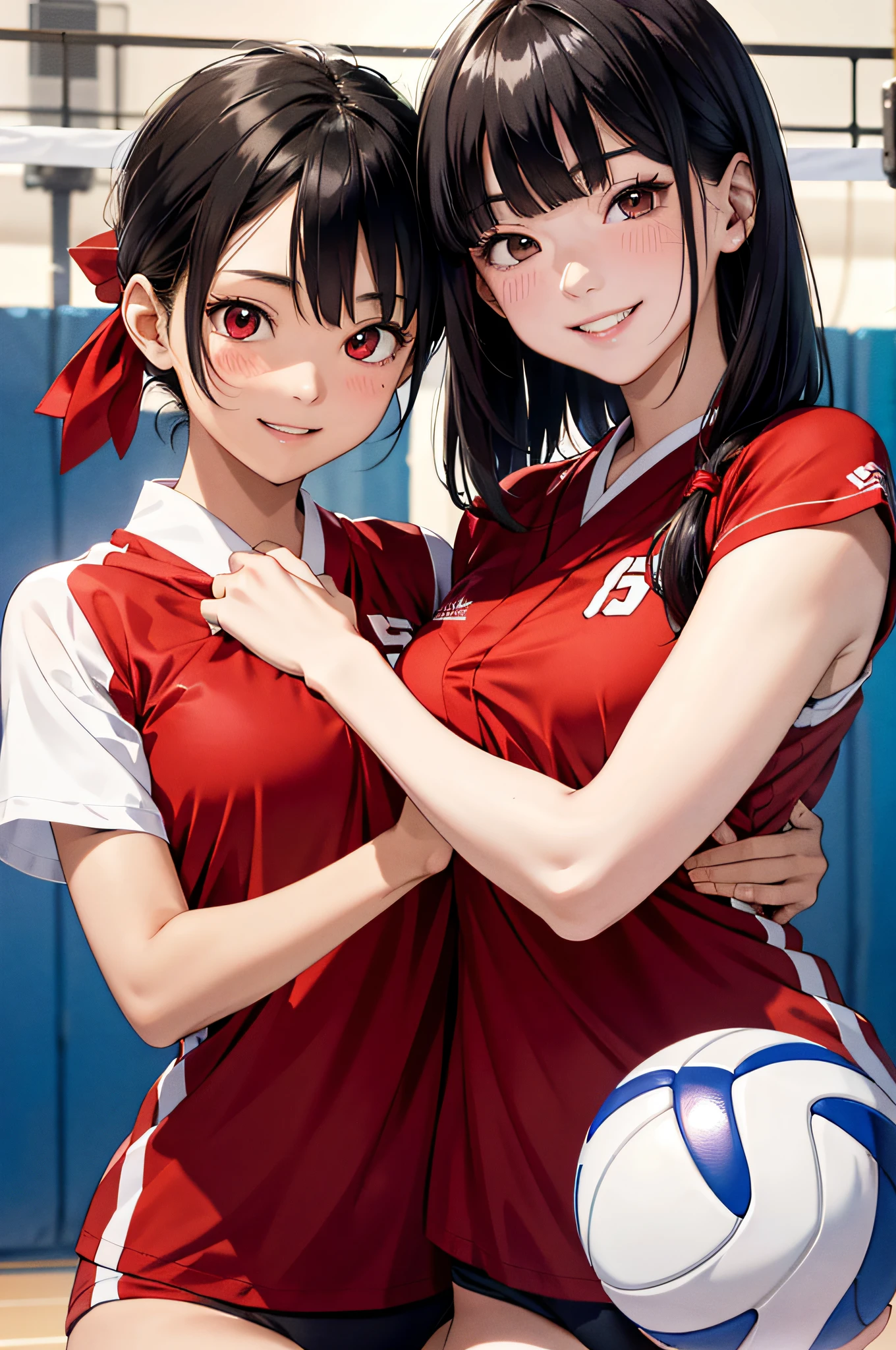 (top-quality、in 8K、32K、​masterpiece、nffsw、超A high resolution、Impresionismo、Photorealsitic:1.2)、Full body, Inside the gymnasium、Volleyball Court、beauitful face、blurry backround、16-year-old beautiful girl、shinny skin、bob cuts、Beautiful black hair、Red Eyes、(Hachimaki:1.2)、Volleyball Uniforms、Curve、dynamicposes、Smile with open mouth、Two girls