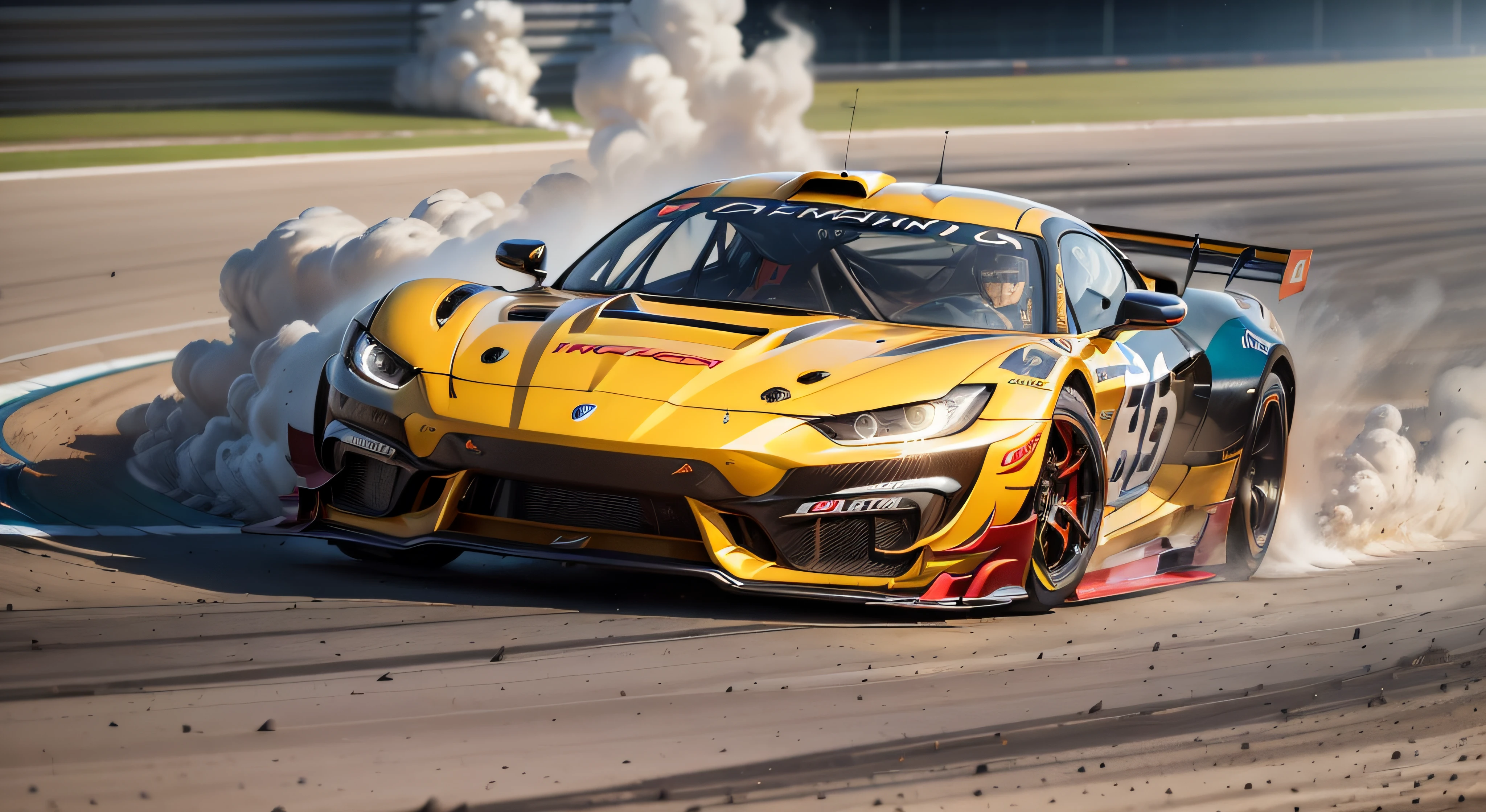 (masterpiece, high resolution, photo-realistic:1.3), thrilling drift race, (speeding sports cars:1.2), (smoky wheels:1.2), intense action, (colorful smoke:1.1), burning rubber, (tire marks:1.2), (dynamic angles:1.1), (close-up shots:1.2), (sleek and modern vehicles:1.2), (suspension compression:1.1), (dust clouds:1.2), (adrenaline-filled atmosphere:1.1), (high-octane excitement:1.2), (spectators cheering:1.1), (vibrant colors:1.2), (fast-paced motion:1.1), (skilled drivers:1.2), (curved race track:1.1), (exciting competition:1.2), (dramatic lighting:1.1)