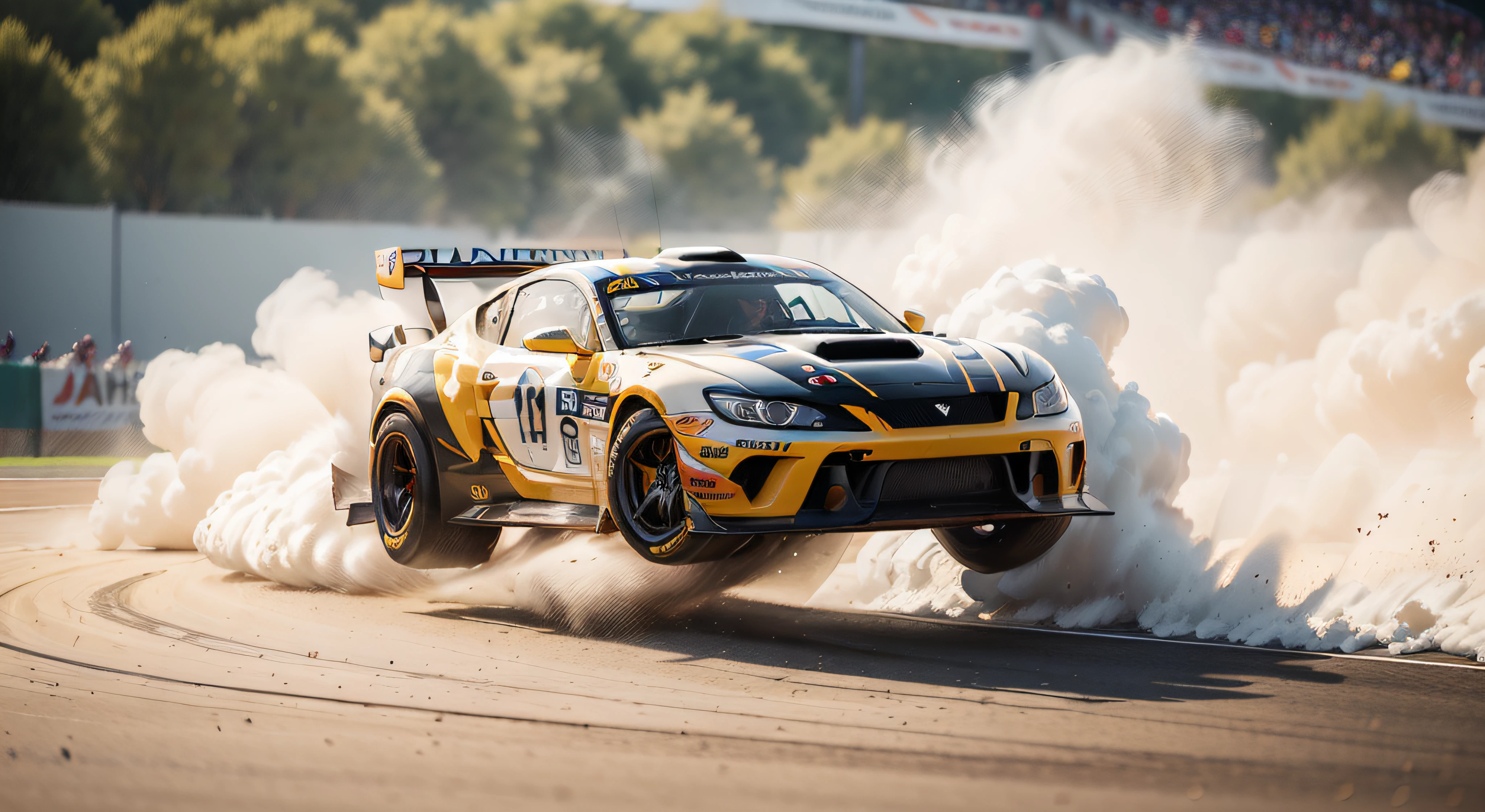 (masterpiece, best quality, detailed:1.3), breathtaking drift race scene, (powerful sports cars:1.2), (smoky wheels:1.2), (tire smoke billowing:1.1), (precision driving:1.2), (fast speeds:1.2), (action-packed moments:1.1), (close-up shots:1.2), (spinning tires:1.2), (suspenseful atmosphere:1.1), (crowded race track:1.2), (intense rivalry:1.2), (excited spectators:1.1), (dust and debris flying:1.2), (dynamic camera angles:1.1), (dramatic shadows:1.2), (adrenaline rush:1.1), (colorful race suits:1.2), (hairpin turns:1.2), (skid marks:1.1