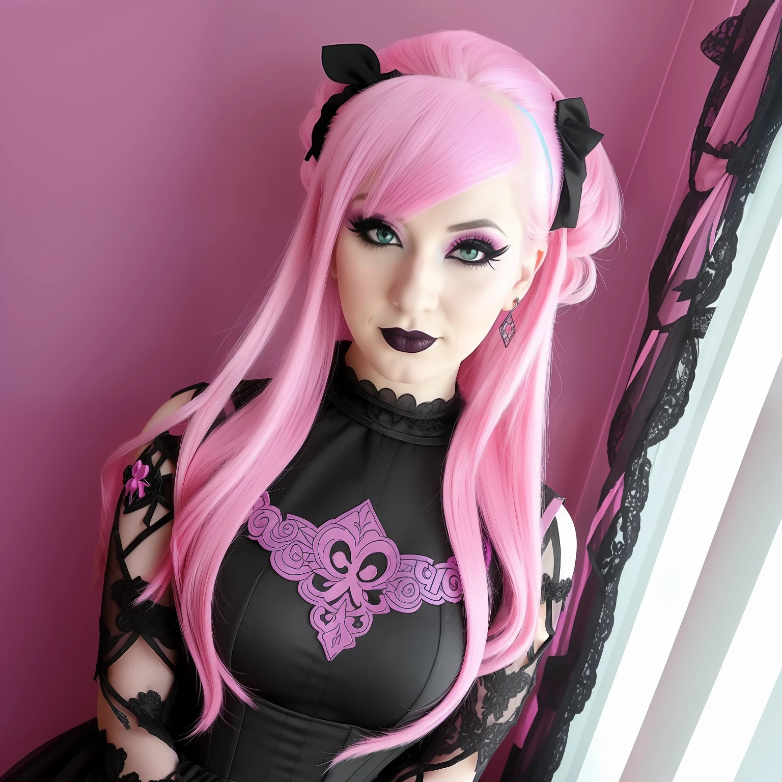 arafed woman with pink hair and black lace dress looking at a cell phone, pastel goth, pale goth beauty, pastel goth aesthetic, pastel makeup, 1 7 - year - old goth girl, bubble goth makeup, emo makeup, pastel colored, 1 7 - year - old anime goth girl, with pink hair, belle delphine, wearing goth makeup, goth makeup