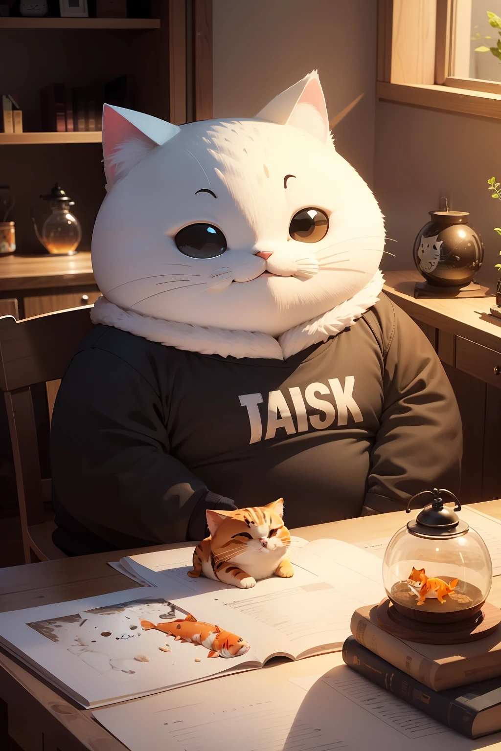 illustration:Stick figure style,The chubby cat smiled,The head is high,The beard is upturned,Cosy interior,There was a cat on the table,There is a lamp and fish tank next to it,There is a goldfish swimming in the fish tank。