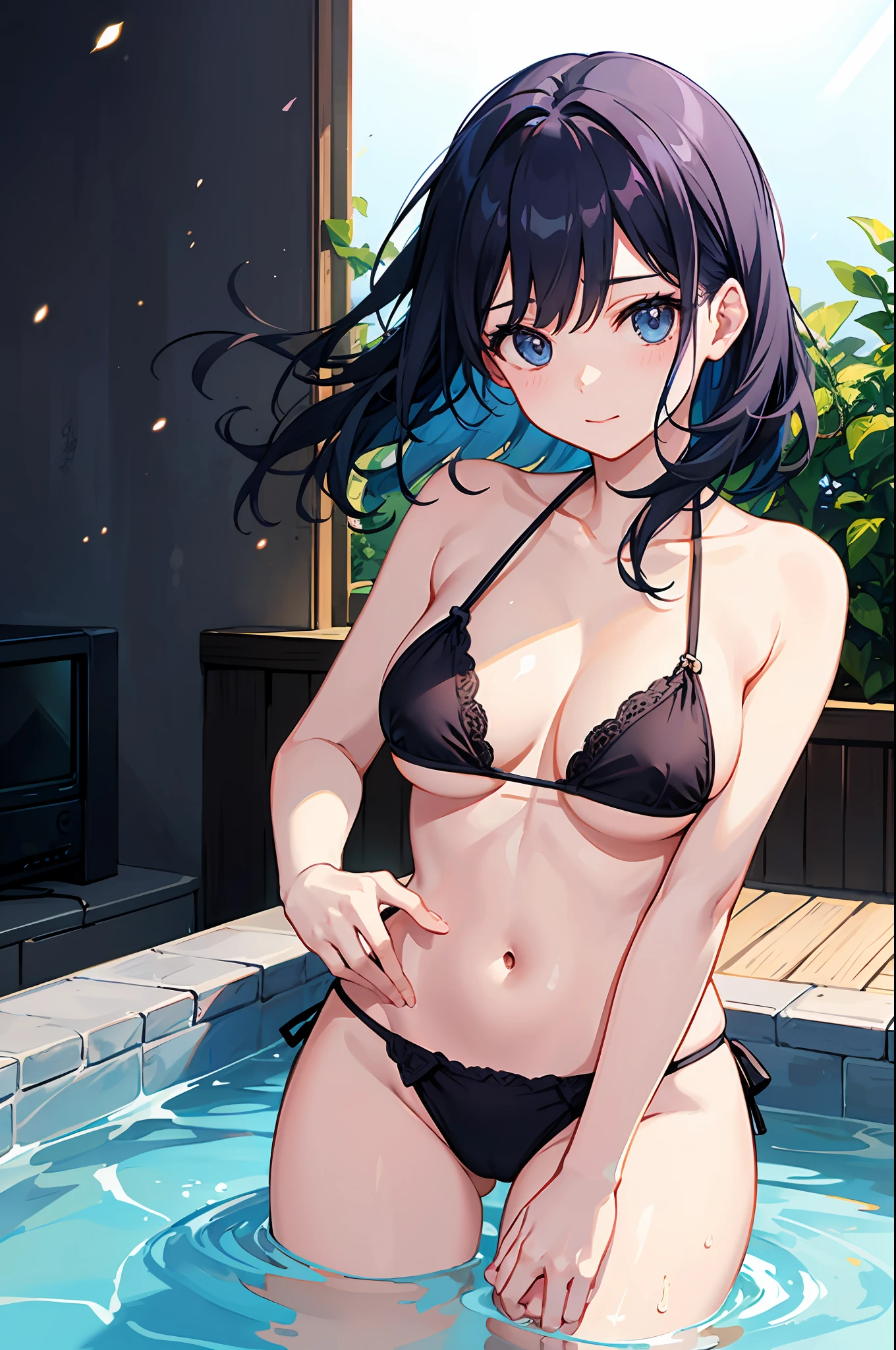 realisitic、top-quality、女の子 1 人、Blue hair、Natural eye color、Shy face、maikurobikini、beautiful boob 、Pool at night、Particles of light、profetional lighting、llight rays、wall-paper、