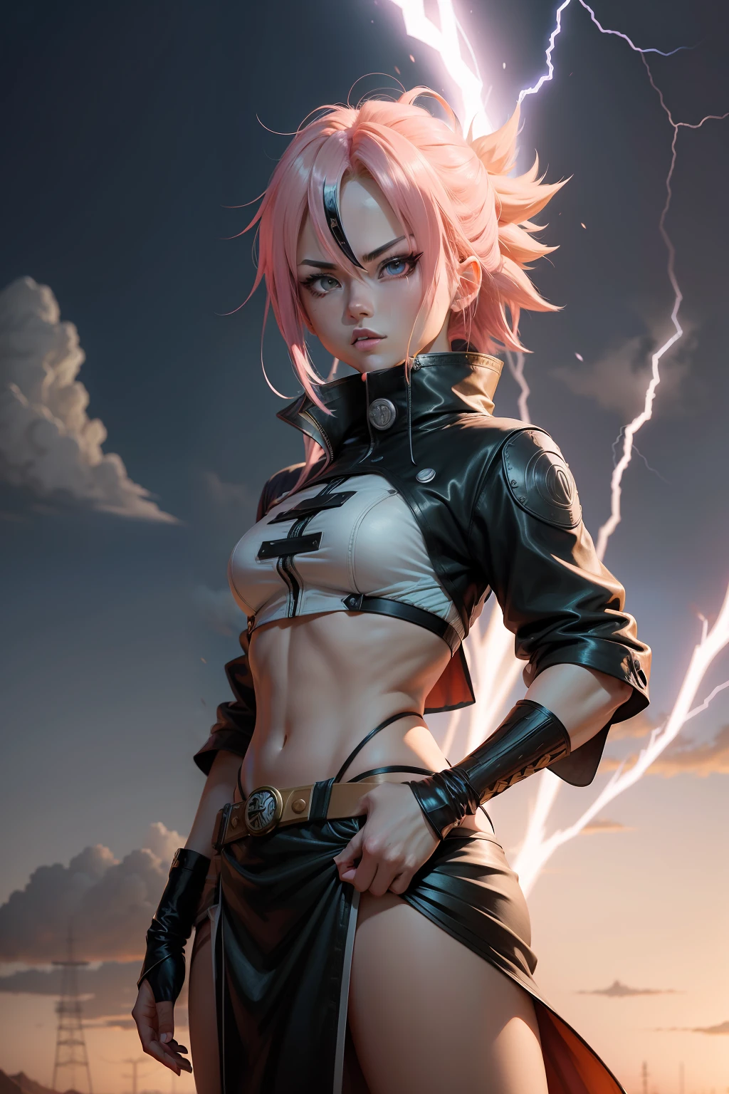 Anime character with lightning in hand, inspired by INO, anime style character, Desert Fighter Ancient Mage, inspired by Kanbun Master, saiyan girl, Wind Sorcerer!, The Joker(As Naruto), inspired by Un'ichi Hiratsuka, dynamic energic pose, In a Japanese anime style, inspired by Tetsugoro Yorozu, mana in the air