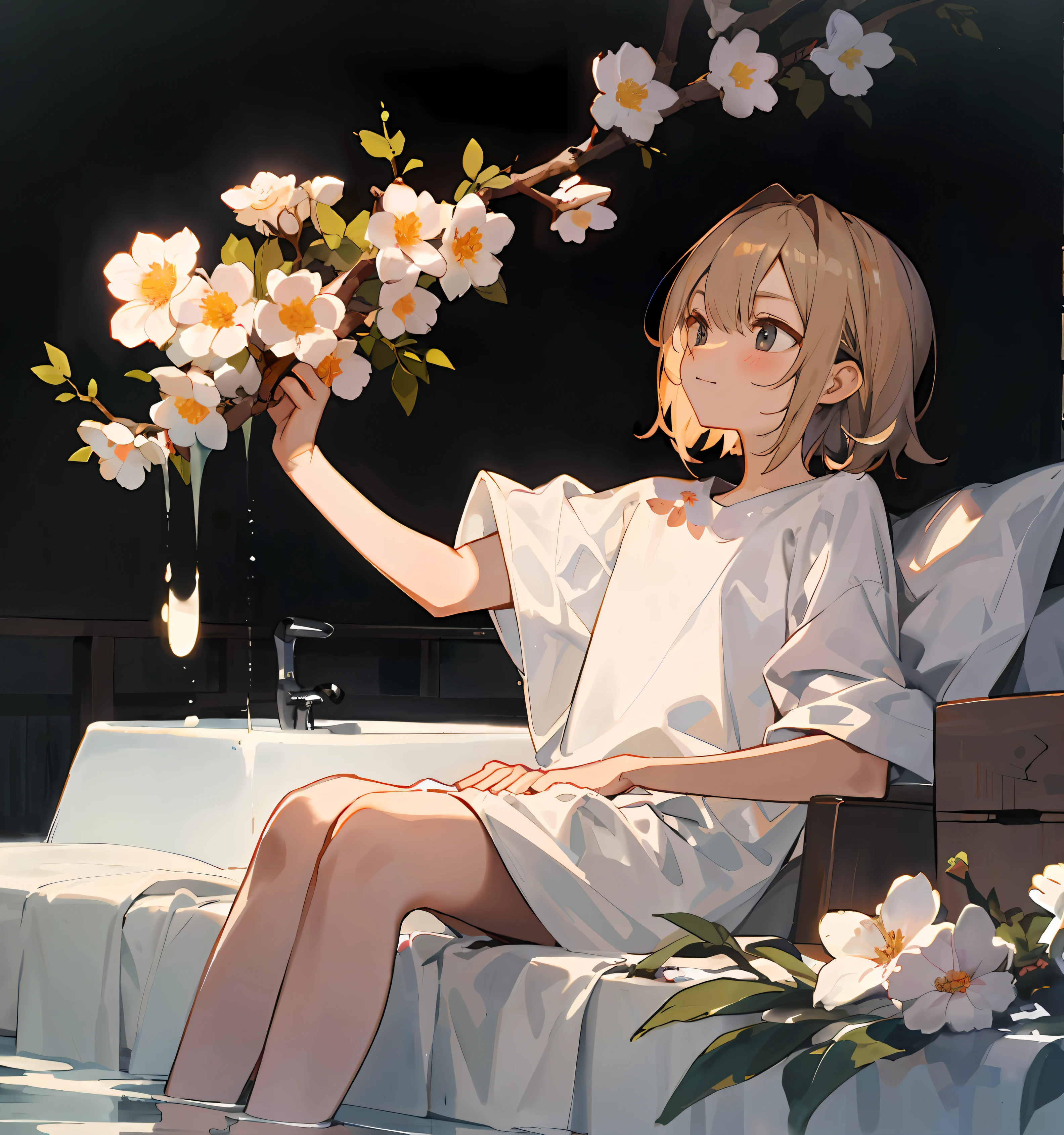 Walnut just finished taking a bath,Sit on a bed full of flowers