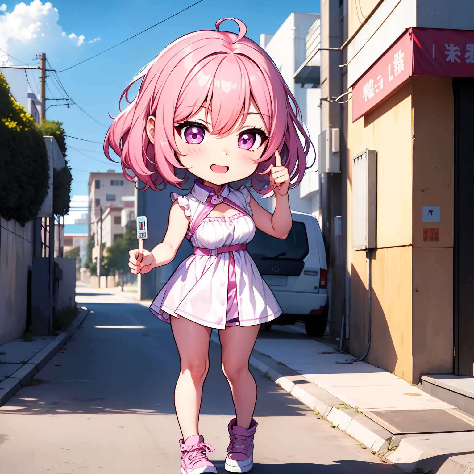 1girll, tchibi, full bodyesbian, short detailed hair, looking at viewert, mediuml breasts, Pink hair, Purple eye, Sideburns, ssmile, 独奏, dynamicposes,The finger contours are super clear,Q version of cartoon,