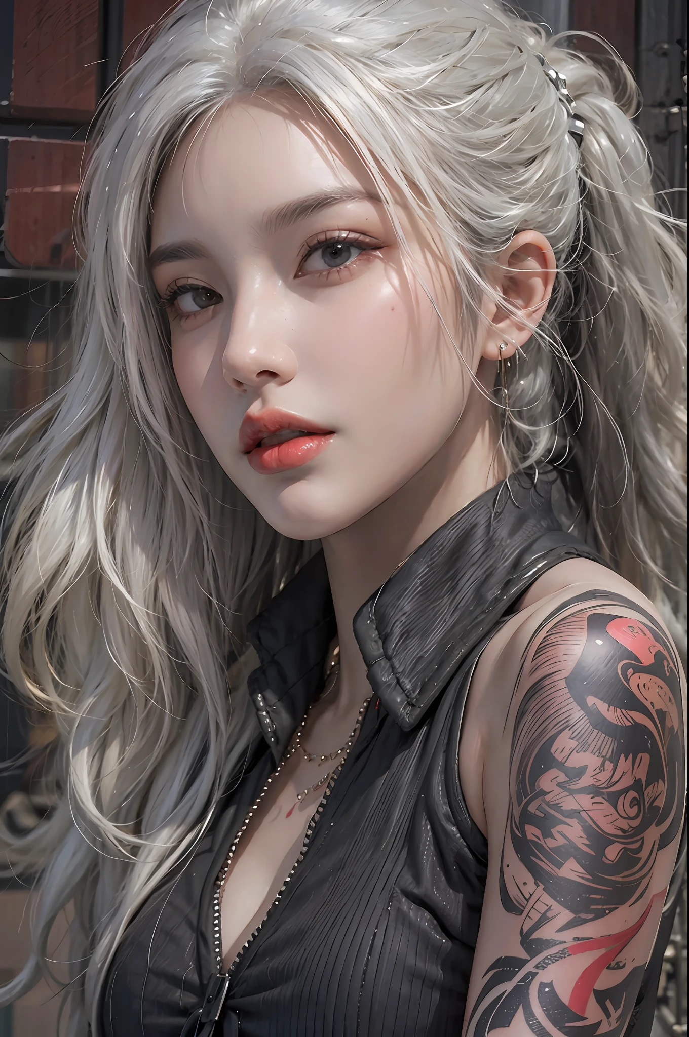 photorealistic, high resolution, 1women, solo, hips up, look at viewer, (detailed face), white hair, long hair, mafia clothes, tattoo, jewelry