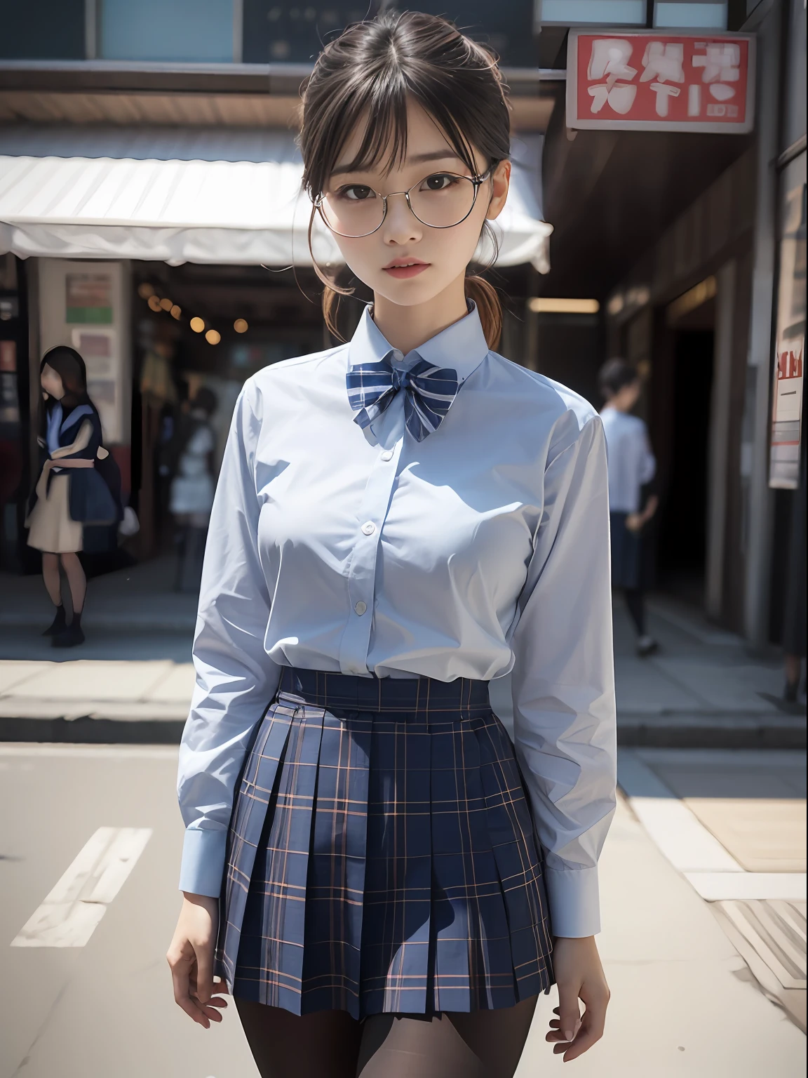 (8K、Raw photography、top-quality、masterpiece:1.2),Bullish,Muchimuchi,Erotic,Pupils,Light Blue Bra,de pele branca,kne,(Black pantyhose),absurderes,a small face,small tits,flat breast,Parting the bangs from the middle、Forehead visible,(a cold expression,Tight eyes,glares,Bullish,skinny,Rasping,irate)、masterpiece,top-quality、超A high resolution,Raw photo,ren,Beautiful fece,One Person, 独奏,eye glass,,Dark look,Small breasts,fullllbody,Round glasses、cute little、JK school uniform,hi-school girl,A Japanese Lady,is standing,(Photorealsitic:1.37)、Photon mapping,Realistic、Cute little face,Brown-eyed、Black socks、(Red bow tie)、Radio City、Physically Based Rendering、Foreground、depth of fields、Blurry background、a picture,The girls、Body,beauty legs, Long legs, Thin leg,Ponytail with hair tied in one knot,(Bangs are visible), hair, s lips, Blue_The eye, nosesoft,(Light blue shirt), (Navy and blue and white plaid pleated skirt), Knees are visible,Sheer clothing,, Thigh, Black cotton socks,Nogizaka Idol, 女優, Japanese ido