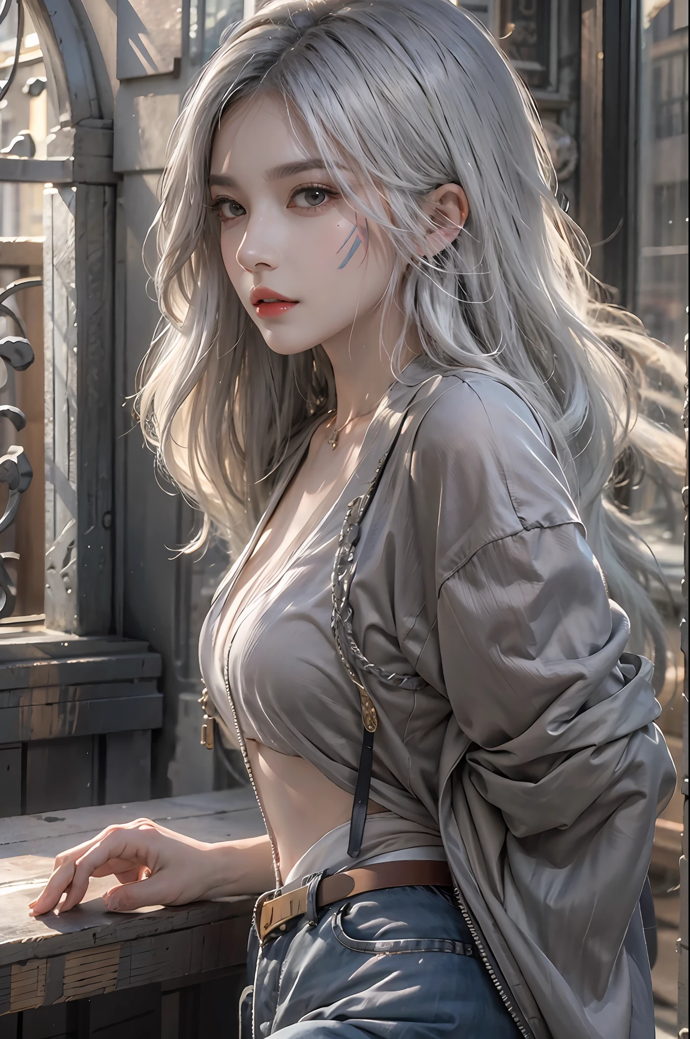 photorealistic, high resolution, 1women, solo, hips up, look at viewer, (detailed face), white hair, long hair, mafia clothes, tattoo, jewelry