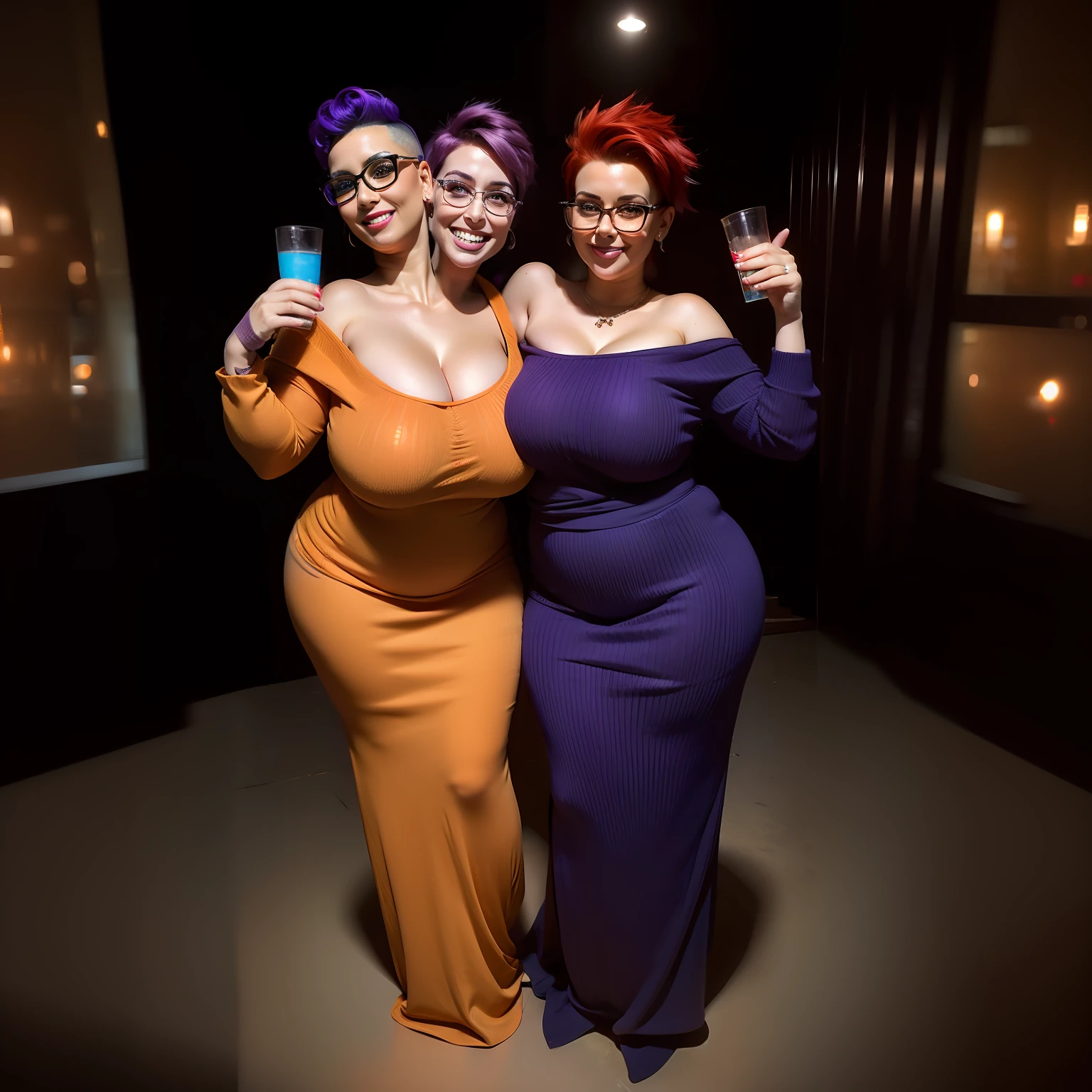 ((2heads)), 1woman,solo,obese,52 years old,very pale skin, British, detailed hazel eyes, double chin,thick rimmed glasses, wearing a colorful sweater, one neckline, gray sweatpants, thicc, mohawk, auburn hair,purple hair,nose ring,posing, midnight, full moon, at a halloween party, sexy smile, serious,(no more than two heads),full body, photography, realistic, lifelike, looking at viewer, plastic red cup in one hand,