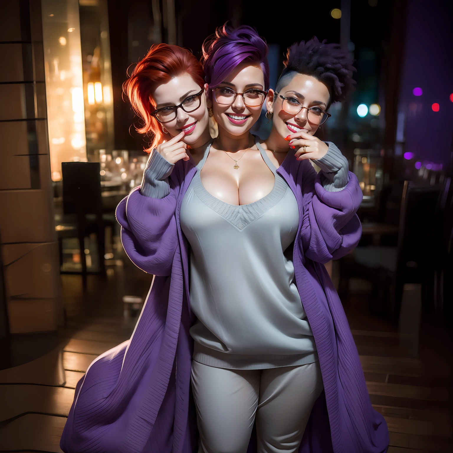 ((2heads)), 1woman,solo,obese,52 years old,very pale skin, British, detailed hazel eyes, double chin,thick rimmed glasses, wearing a colorful sweater, one neckline, gray sweatpants, thicc, mohawk, auburn hair,purple hair,nose ring,posing, midnight, full moon, at a halloween party, sexy smile, serious,(no more than two heads),full body, photography, realistic, lifelike, looking at viewer, plastic red cup in one hand,