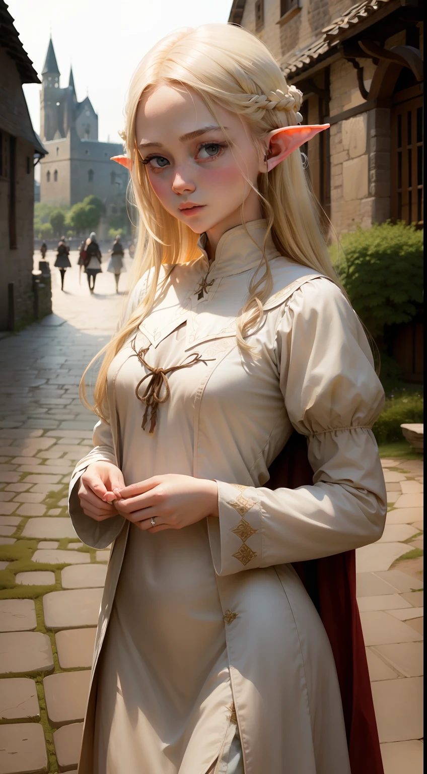 1girl in、Top image quality、elvish、A slender、a blond、ren、realisticlying、Light clothing in medieval Europe、lightly dressed、Landscape of medieval Europe、Holding nothing in your hands、