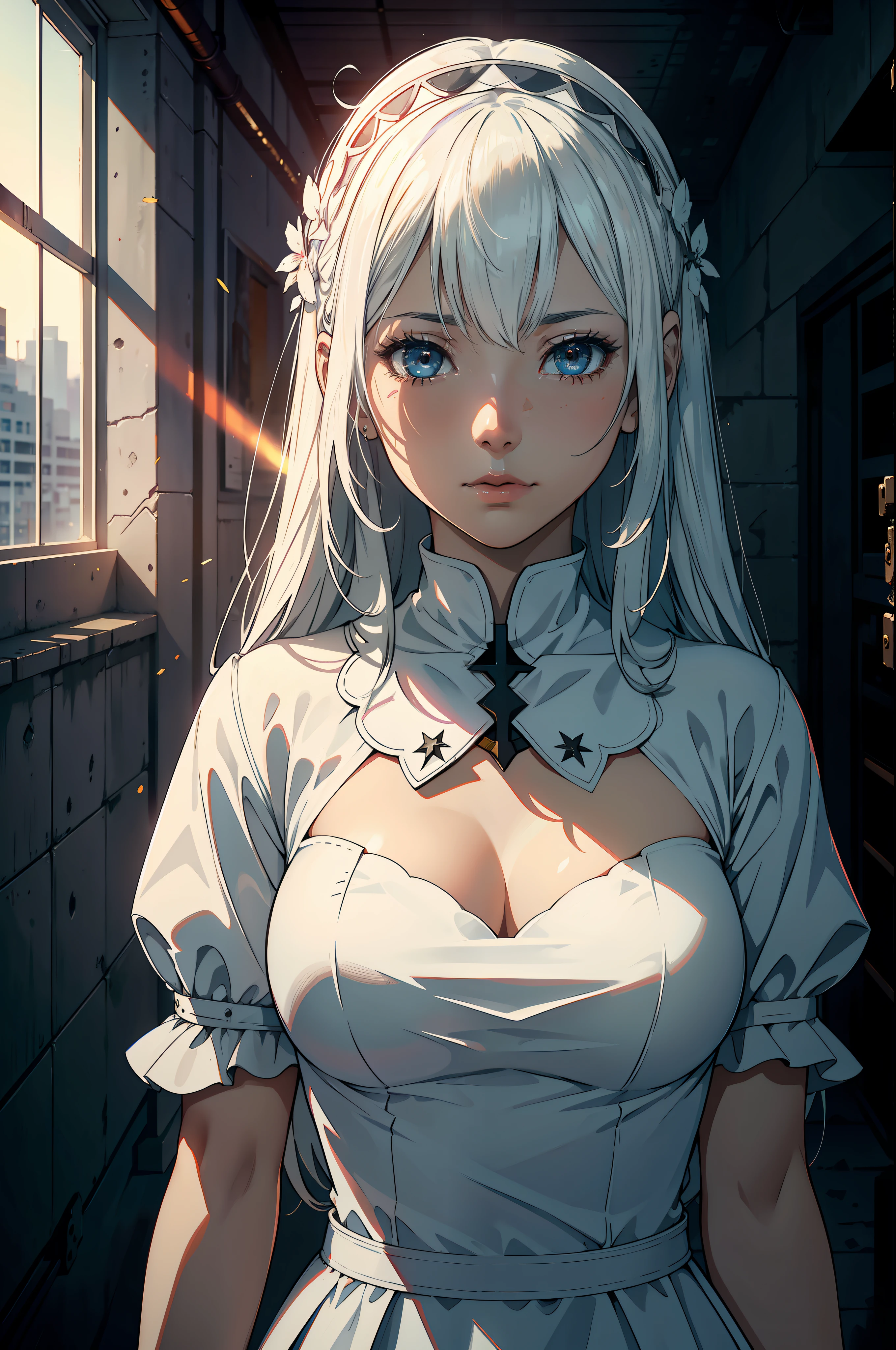 Holy Maiden，Pray with both hands，，white dresses，white color hair，Hair is smart，There is a scratch on the face，On the roof of a building abandoned after the war，Downstairs was a group of soldiers who believed in her，heavy breathing, Surrealism, chiaroscuro, depth of field, cinematic lighting, motion blur, god rays, drop shadow, lineup, lens flare, Ultra-Wide Angle, UHD, 8k, textured skin, high details, best quality, high quality, highres, ccurate