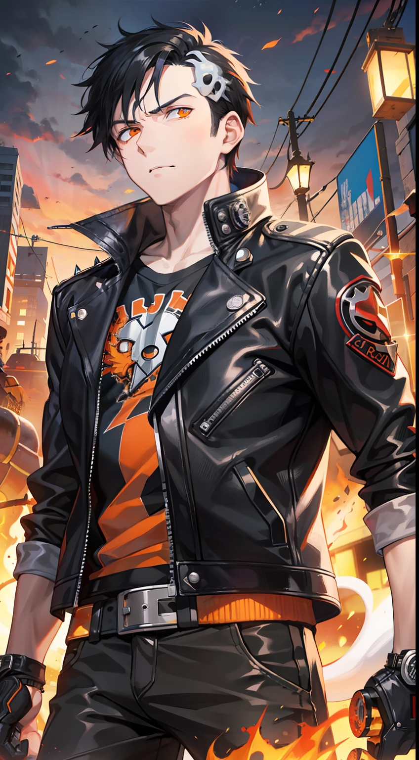 Grown-up guy, short black hair, Orange Eyes, leather jacket with spikes, circuits, Ghost Rider, Masterpiece, hiquality