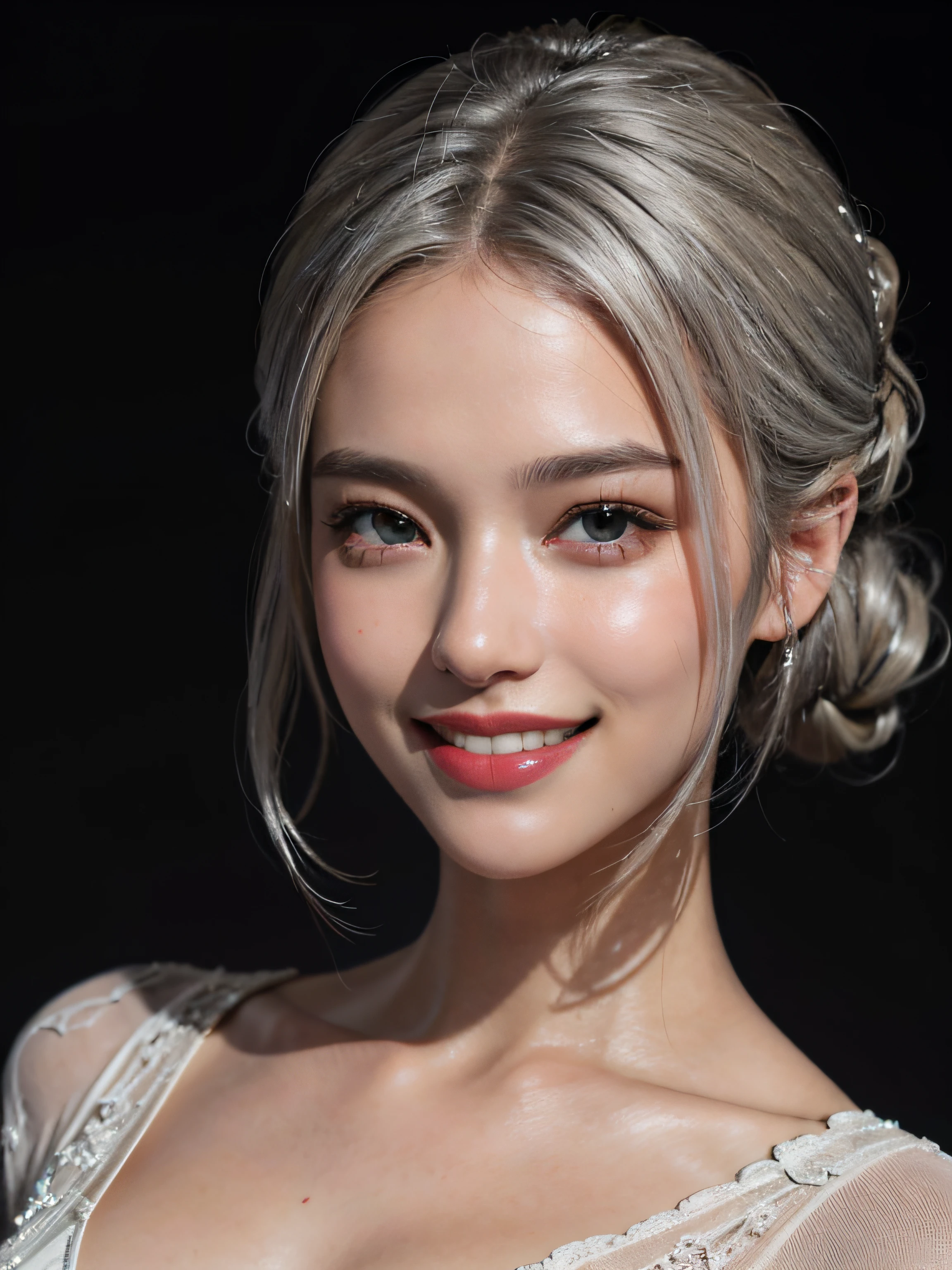 Best quality, masterpiece, ultra high res, (photorealistic:1.4), raw photo, 1girl, silver hair, Formal Updo,shiny skin, dramatic lighting,(smile:1.2)