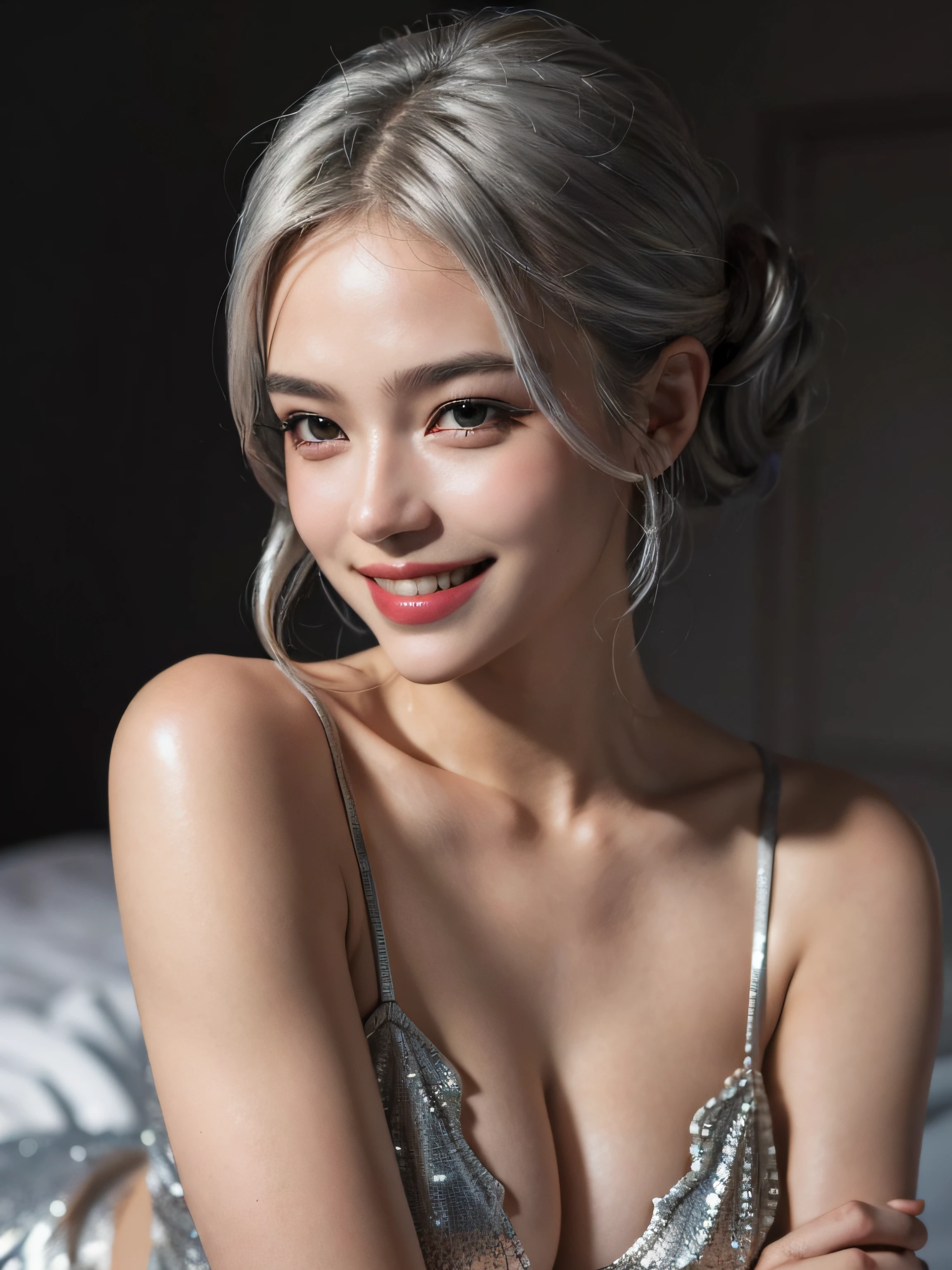 Best quality, masterpiece, ultra high res, (photorealistic:1.4), raw photo, 1girl, silver hair, Formal Updo,shiny skin, dramatic lighting,(smile:1.2)