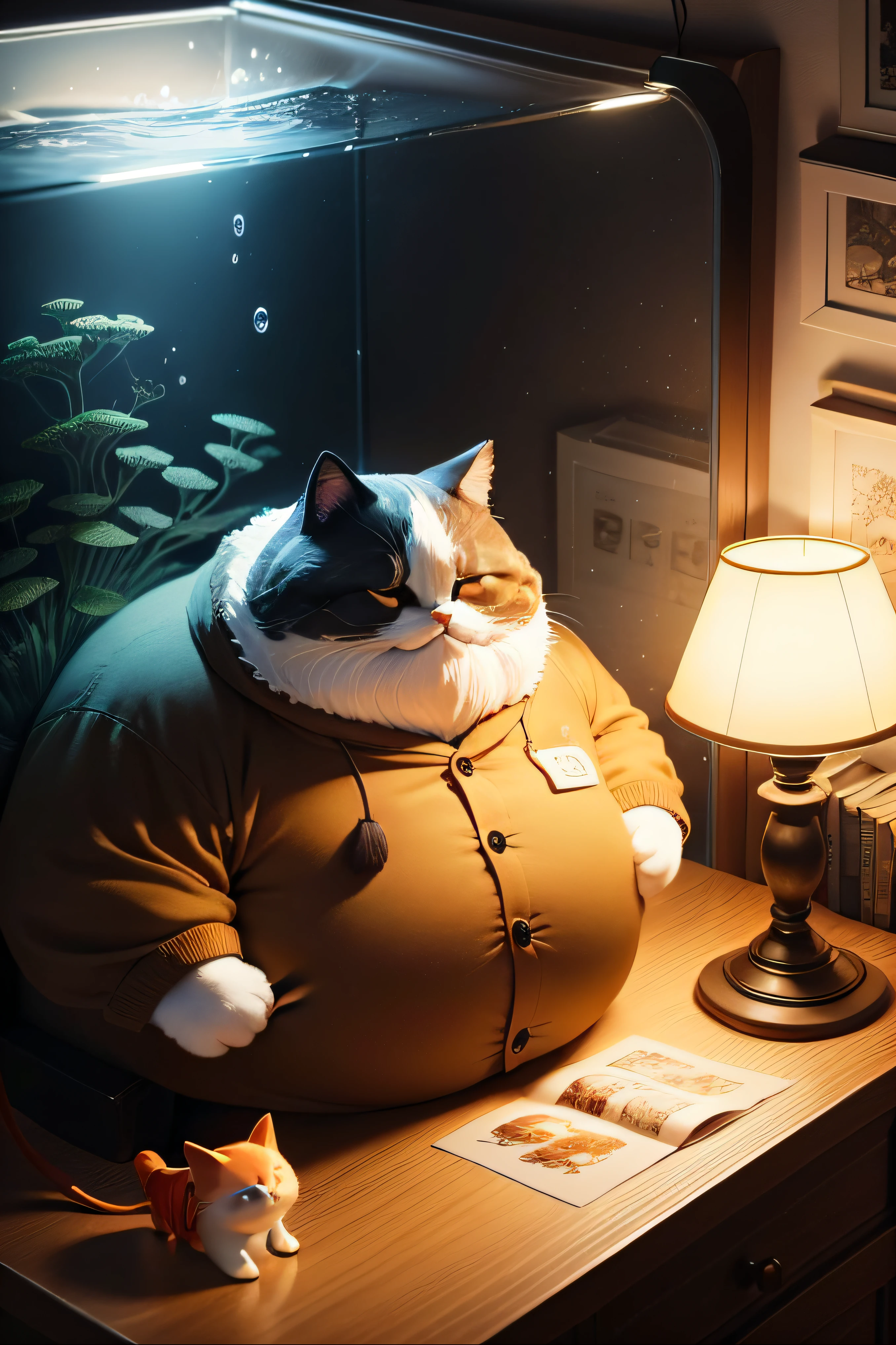 illustration:Stick figure style,The chubby cat smiled,The head is high,The beard is upturned,Cosy interior,There was a cat on the table,There is a lamp and fish tank next to it,There is a goldfish swimming in the fish tank。