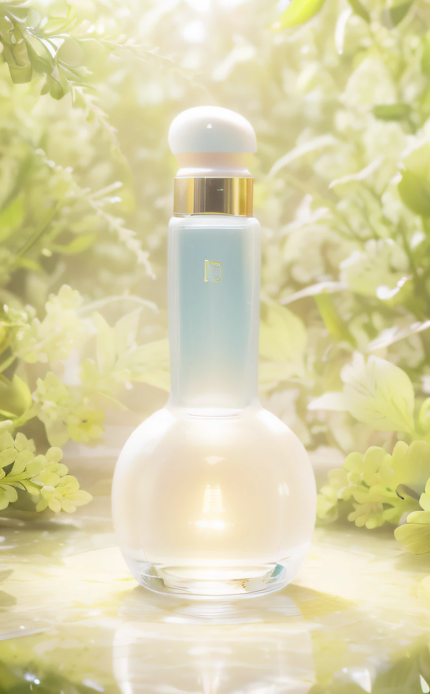 The whole picture is dominated by gold,The liquid of cosmetics is light yellow,The light contrast is strong and delicate,The lid is made of metal,White bottle material,Round beaker appearance in the laboratory,There was a bottle of high-end cosmetics on the table, dramatic product lighting, commercial product photography,Product photography 4 K, high quality product photo
