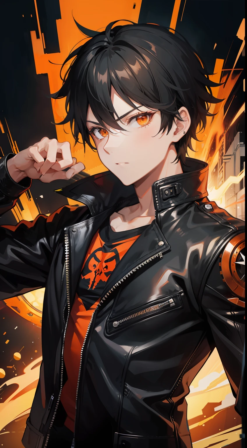 Grown-up guy, short black hair, Orange Eyes, leather jacket with spikes, circuits, Ghost Rider, Masterpiece, hiquality