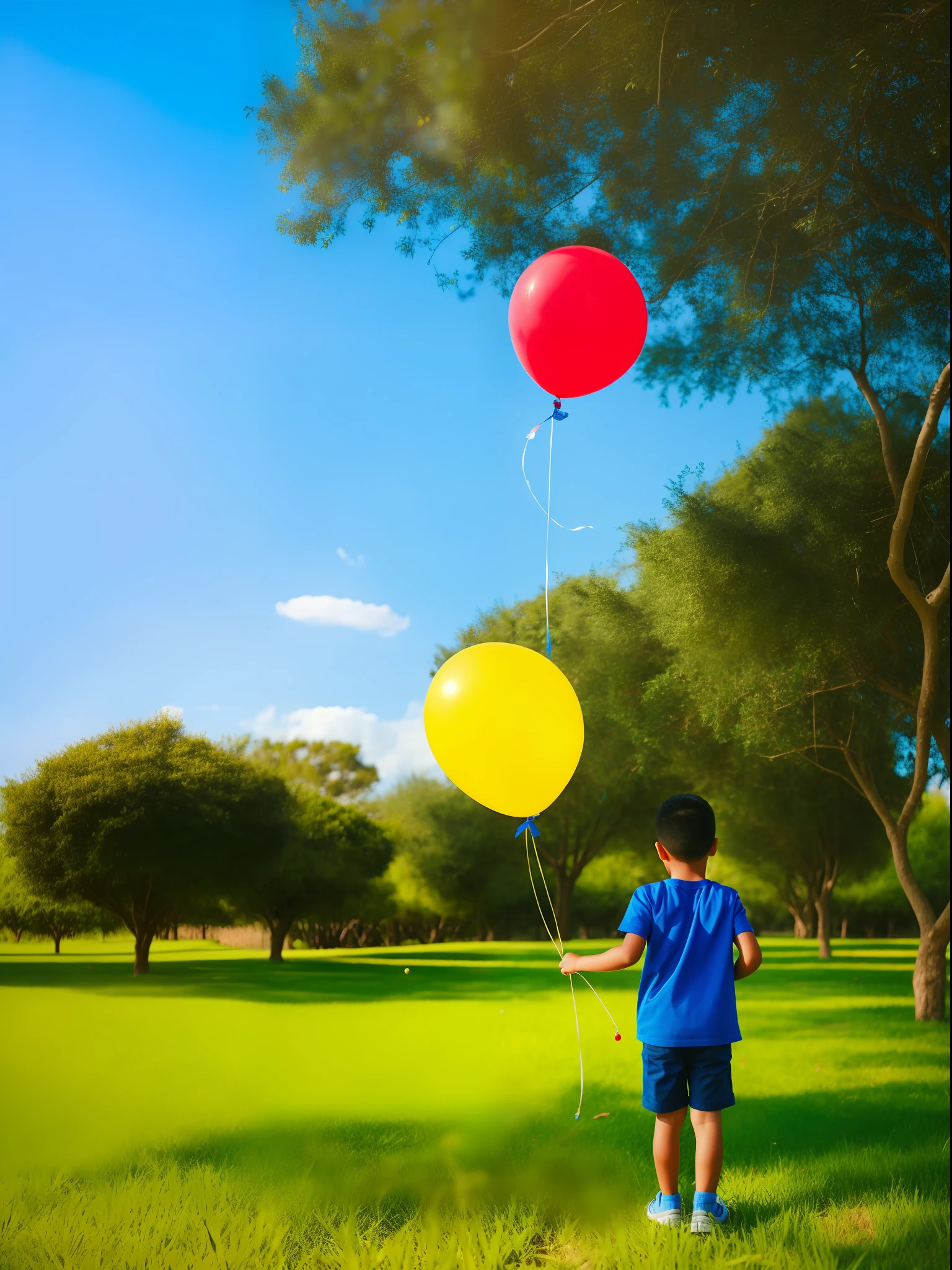 A  wears a blue top，Carrying a yellow school bag，Stand under a big tree，Red balloon in hand