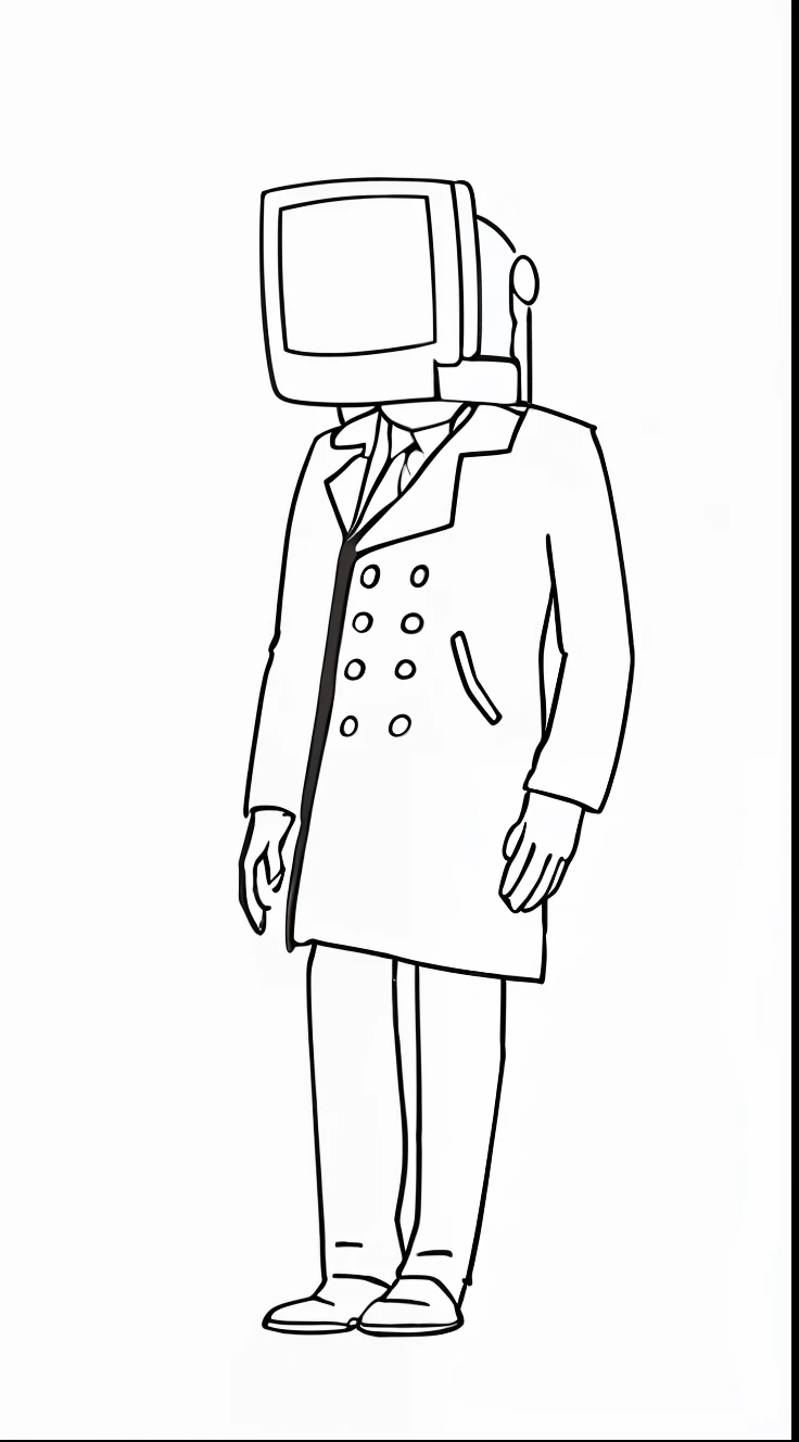 Illustration of a man with a television on his head, anthropomorphism _ humanoid, Anthropomorphic humanoids, He is wearing a trench coat, CAD, ( ( Wearing a long coat ) ), Gray personification, Julian Opie, Anthropomorphic silhouette, Humanoid form, Explanation!!!, detailed humanoid