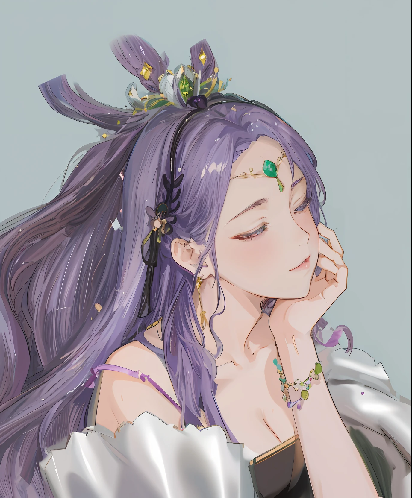 Anime girl with purple hair and green gems, ((a beautiful fantasy empress)), a beautiful fantasy empress, lovely languid princess, highly detailed exquisite fanart, Detailed fanart, Fantasy art style, Portrait Chevaliers du Zodiaque Fille, Palace , A girl in Hanfu, goddess of sleep, Soft anime illustration, Inspired by Qiu Ying