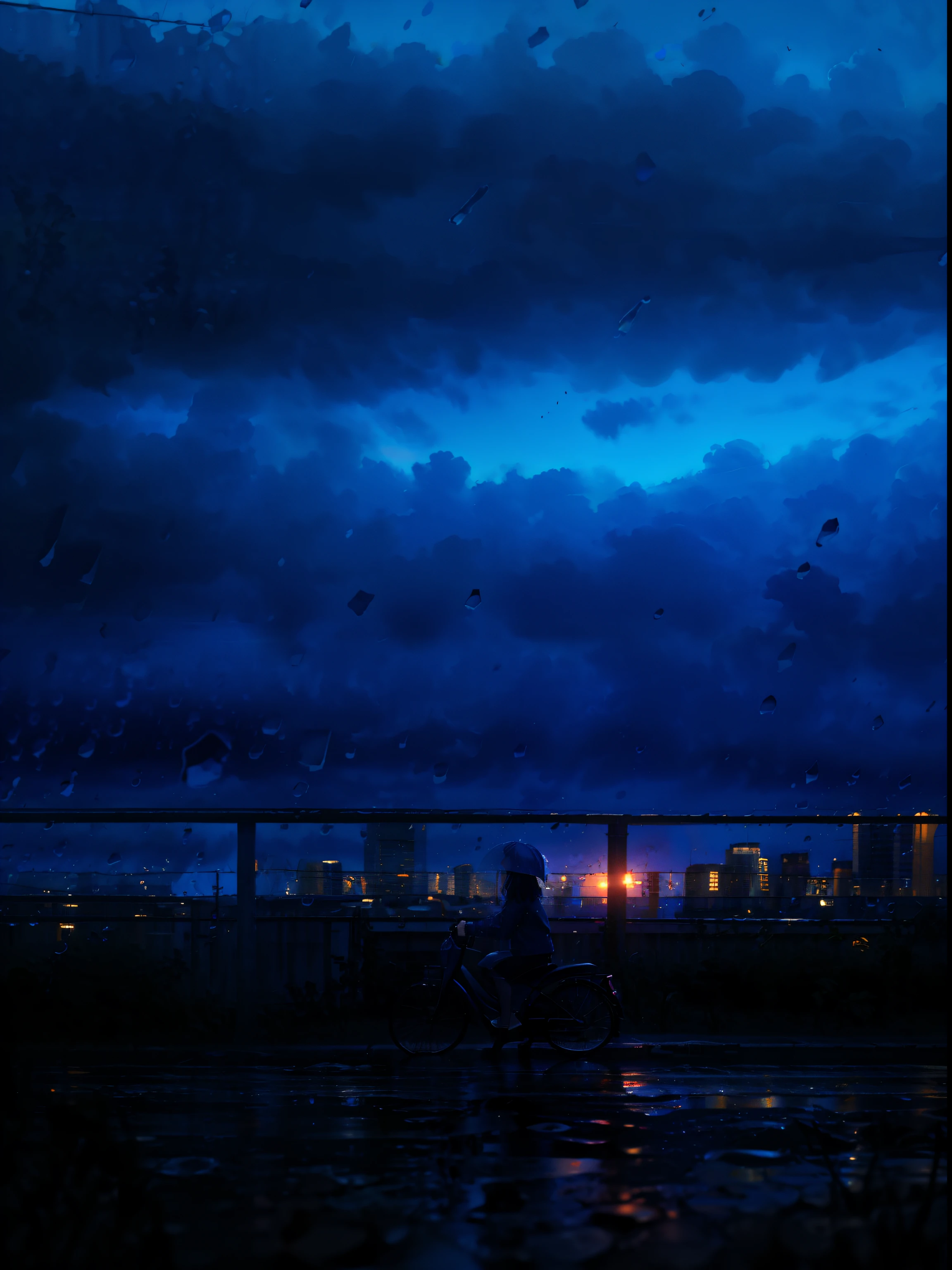 phblue, scenery, no humans, landscape, (masterpiece,best quality:1.4), blue theme, city, dusk, 1girl, rain,cowboy shot, close up,