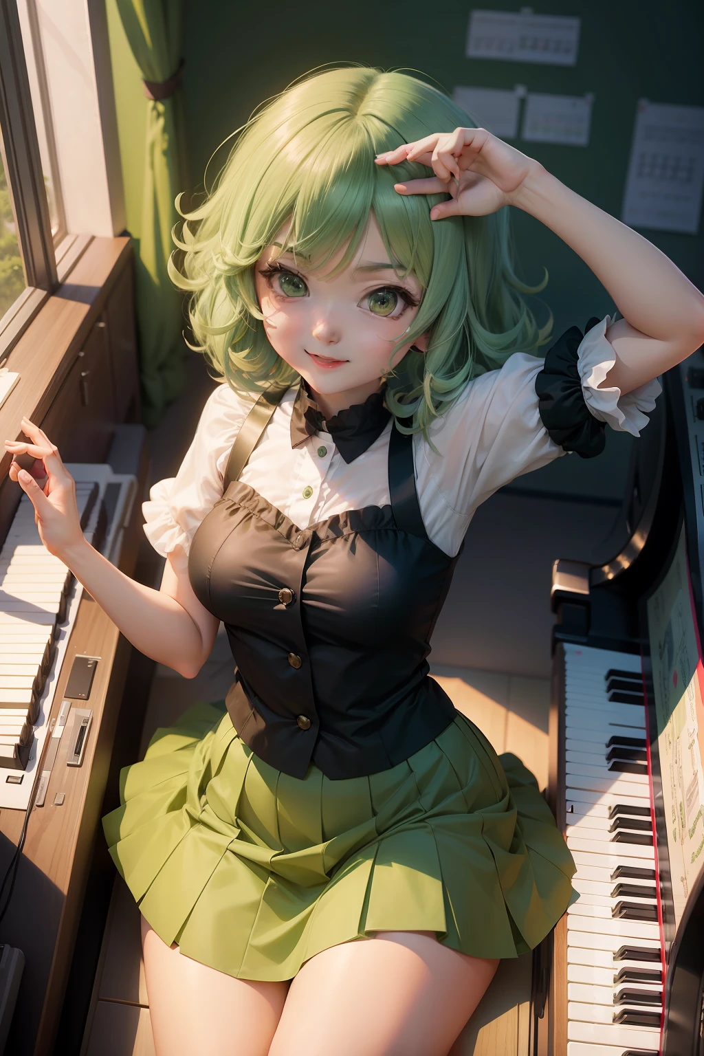 Anime girl with green hair and green skirt plays the piano, tatsumaki, Fubuki, anime moe art style, chihiro! fujisaki, Mikudayo, Pose(Arms up + Happy), In anime style, wataru kajika, Rei Hiroe, iwakura lain, in ryuuou no oshigoto art style