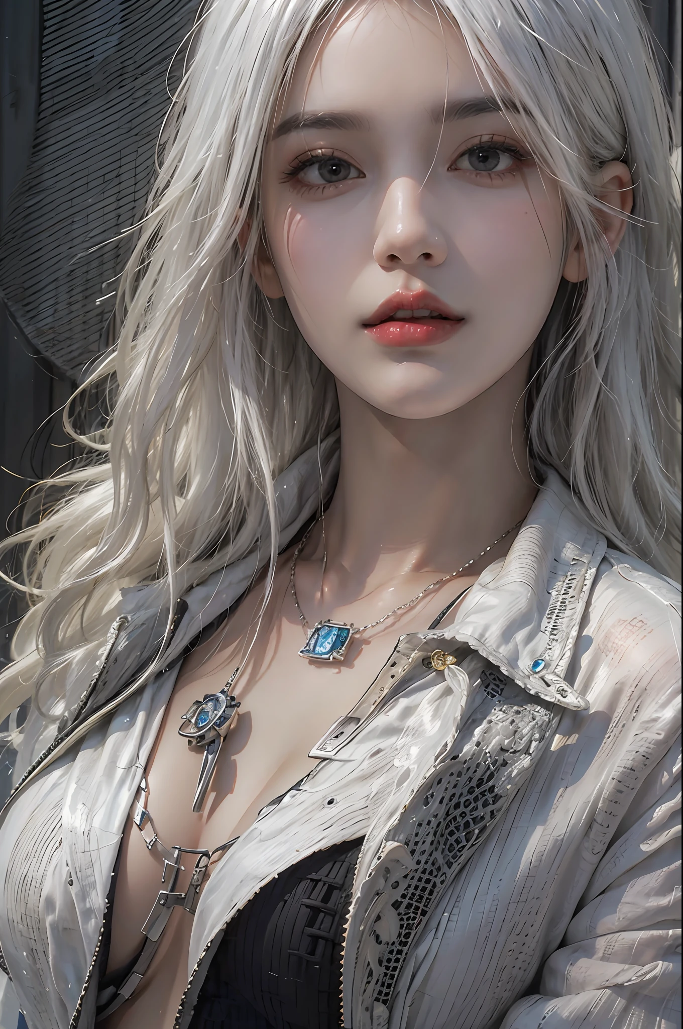 photorealistic, high resolution, 1women, solo, hips up, look at viewer, (detailed face), white hair, long hair, black suit, mafia, tattoo, jewelry