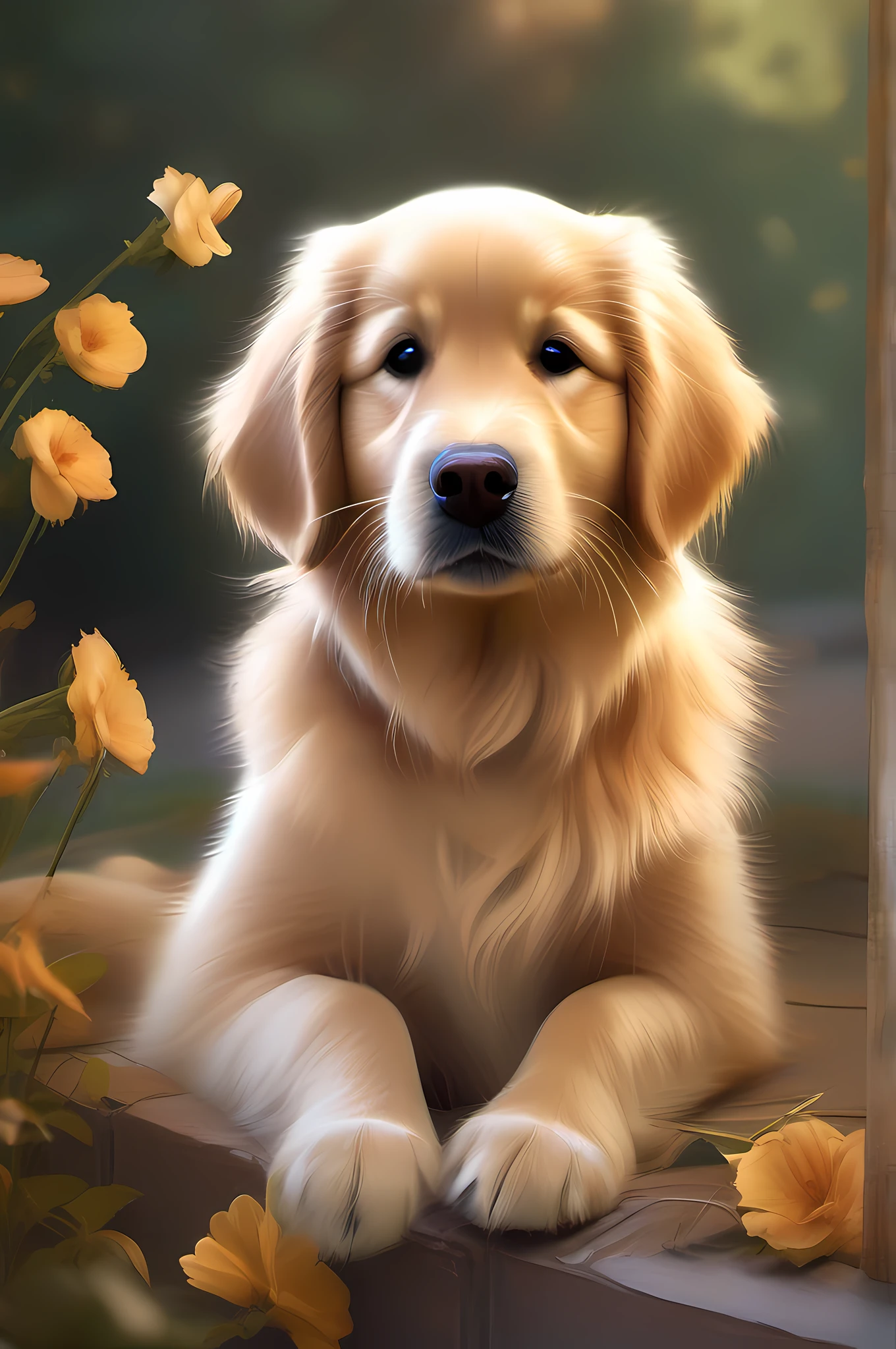 A heartwarming and adorable digital painting featuring a cute golden retriever with a heartwarming smile, set against a soft and serene background, with warm lighting, gentle shadows, and a sense of joyful innocence, evoking feelings of happiness and contentment, reminiscent of the style of art by Kevin Whitlark and Ron Schmidt.