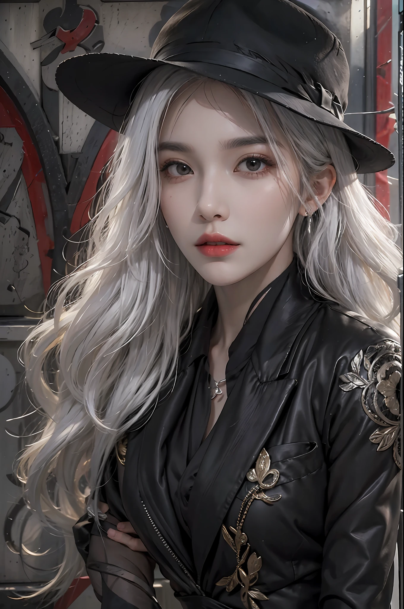 photorealistic, high resolution, 1women, solo, hips up, look at viewer, (detailed face), white hair, long hair, black suit, mafia, tattoo, jewelry