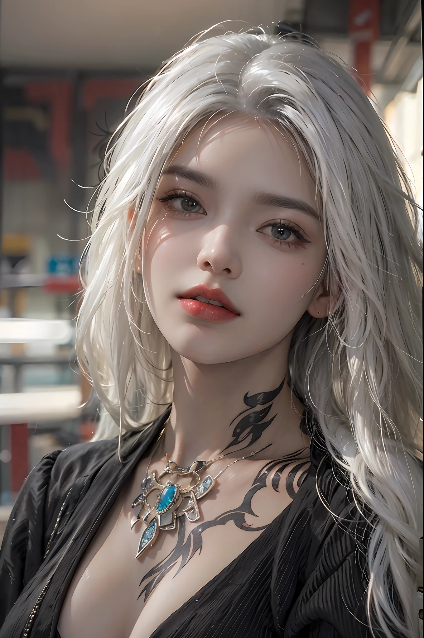 photorealistic, high resolution, 1women, solo, hips up, look at viewer, (detailed face), white hair, long hair, black suit, mafia, tattoo, jewelry