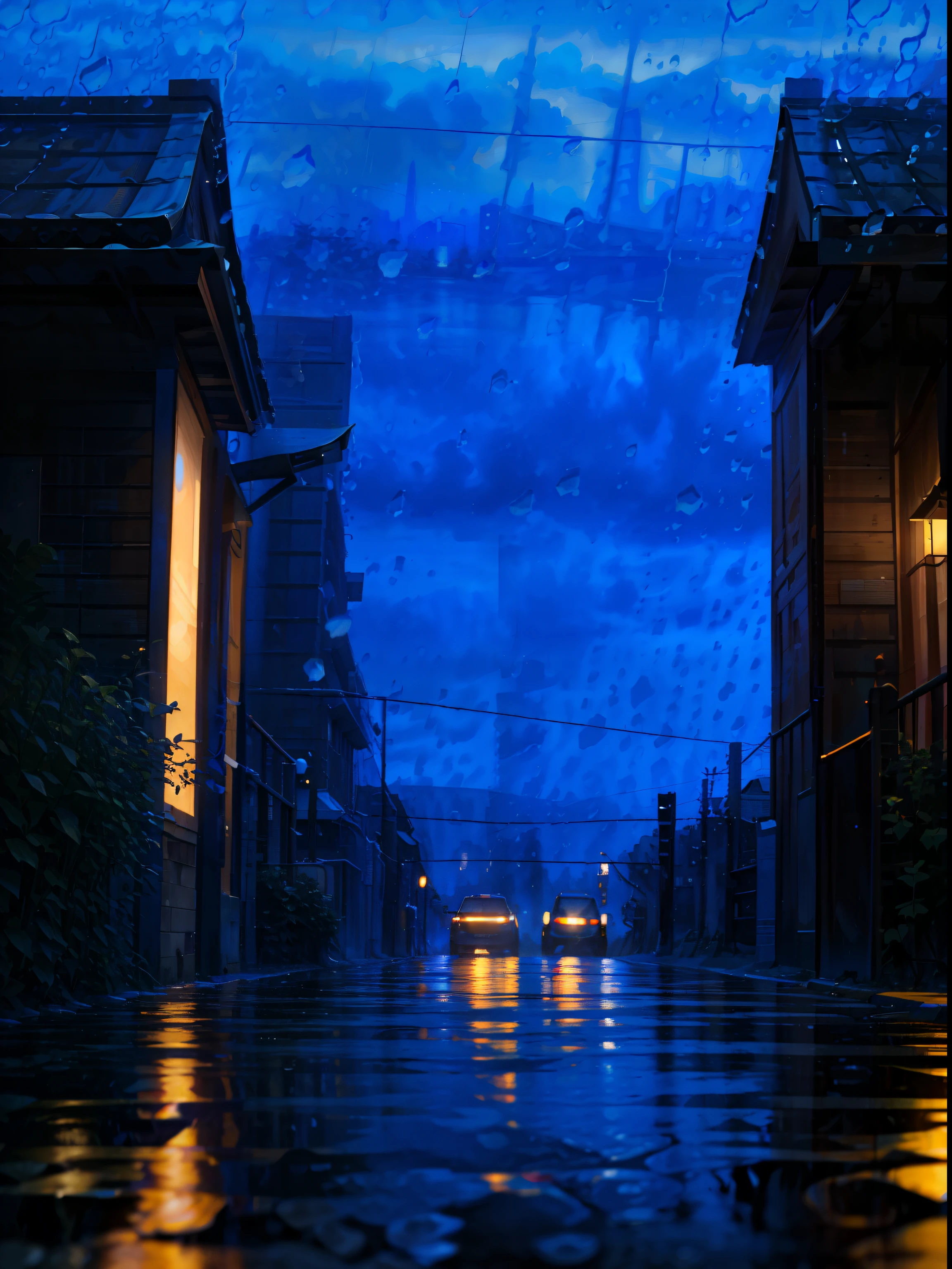 phblue, scenery, no humans, landscape, (masterpiece,best quality:1.4), blue theme, city, dusk, 1girl, rain,cowboy shot, close up,