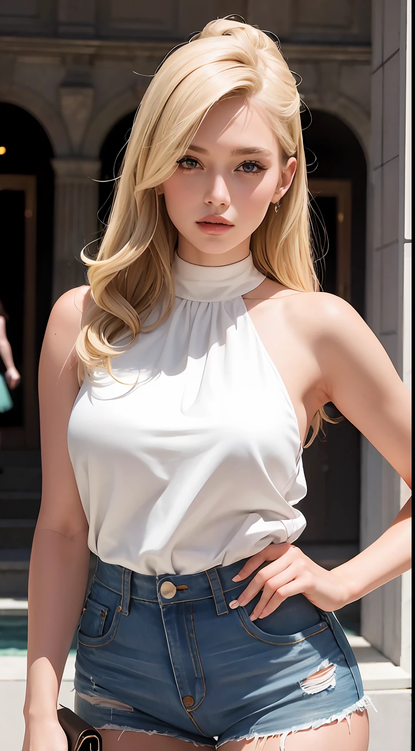 European and American women, A fashion model, Wear high-waisted shorts, Glamour, paparazzi taking pictures of her, Blonde hair, Brown eyes, 8K, High quality, Masterpiece, Best quality, HD, Extremely detailed, voluminetric lighting, Photorealistic