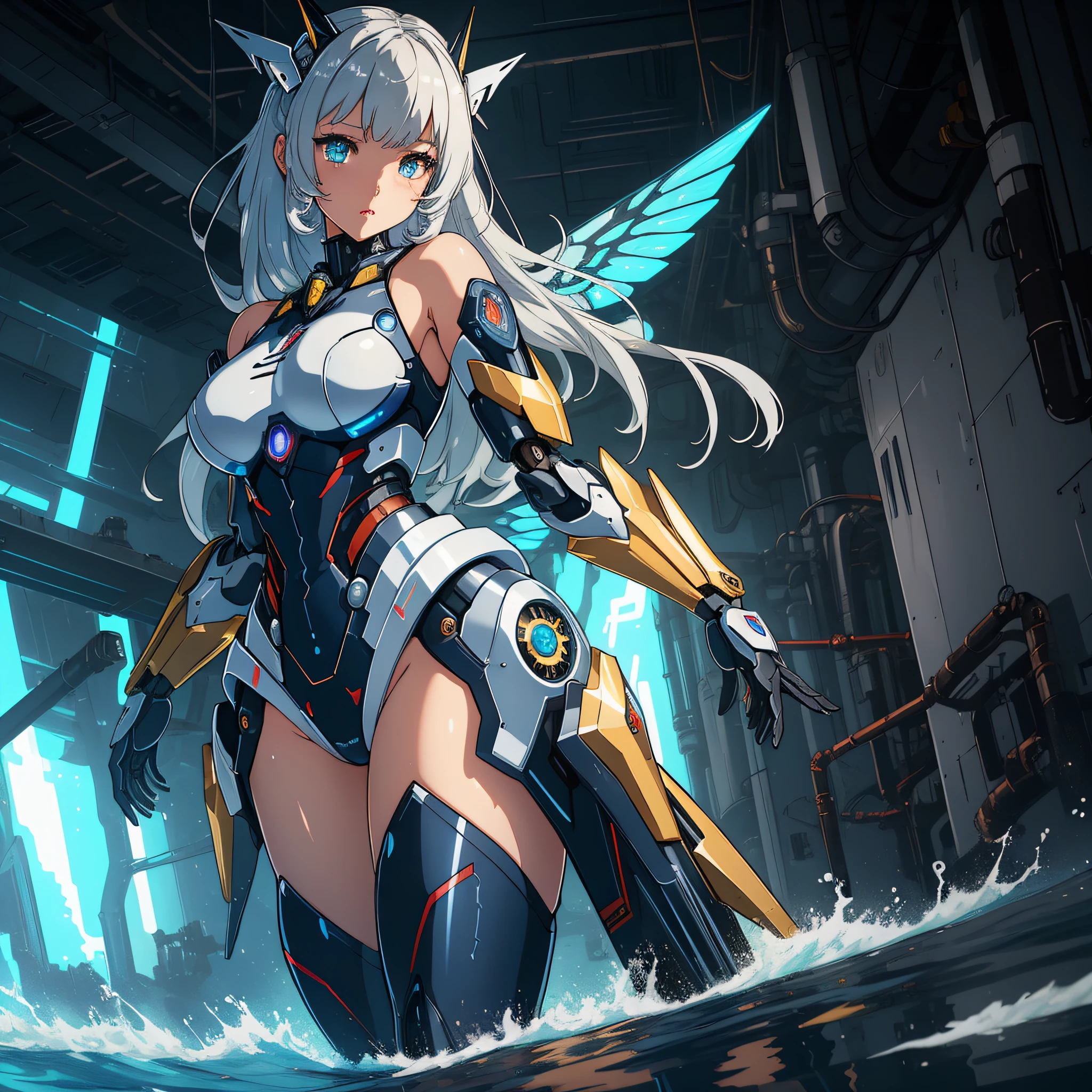 (masterpiece), best quality,{full body},((1 girl)),((beauty detailed eye)),{mecha,huge_filesize},(bare shoulders),science fiction,highly detailed,illustration,extremely detailed CG unity wallpaper,submerge,cinematic lighting,dramatic angle,{{beautiful face}},posing,caustics,fine water surface,,Mechanical wing,Metal wings,Mecha wing,{mecha clothes},robot girl,beautiful detailed face,