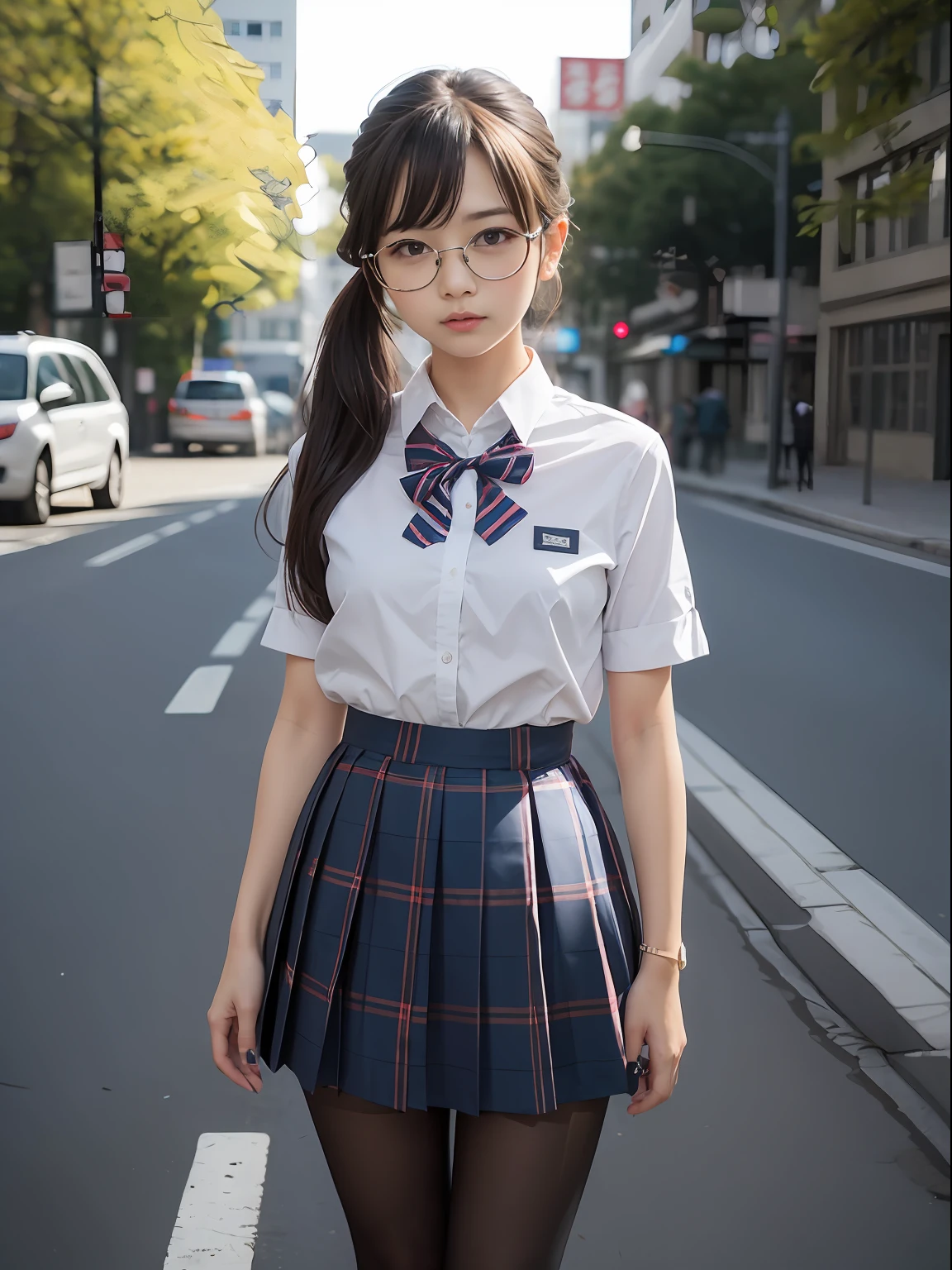 (8K、Raw photography、top-quality、masterpiece:1.2),Bullish,Muchimuchi,Erotic,Pupils,Light Blue Bra,de pele branca,kne,(Black pantyhose),absurderes,a small face,small tits,flat breast,Parting the bangs from the middle、Forehead visible,(a cold expression,Tight eyes,glares,Bullish,skinny,Rasping,irate)、masterpiece,top-quality、超A high resolution,Raw photo,ren,Beautiful fece,One Person, 独奏,eye glass,,Dark look,Small breasts,fullllbody,Round glasses、cute little、JK school uniform,hi-school girl,A Japanese Lady,is standing,(Photorealsitic:1.37)、Photon mapping,Realistic、Cute little face,Brown-eyed、Black socks、(Red bow tie)、Radio City、Physically Based Rendering、Foreground、depth of fields、Blurry background、a picture,The girls、Body,beauty legs, Long legs, Thin leg,Ponytail with hair tied in one knot,(Bangs are visible), hair, s lips, Blue_The eye, nosesoft,(Light blue shirt), (Navy and blue and white plaid pleated skirt), Knees are visible,Sheer clothing,, Thigh, Black cotton socks,Nogizaka Idol, 女優, Japanese ido