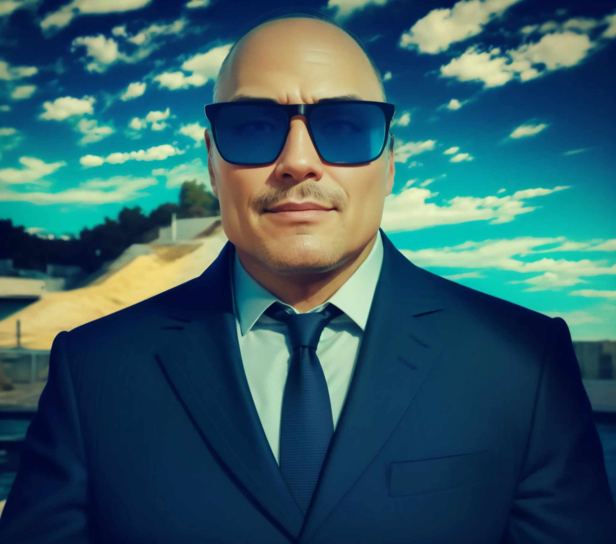 Foto RAW, 1 homem, vestindo (Black suit and tie with blue sunglasses 1.2), intrincado, elegante, altamente detalhado, profundidade de campo, natural  lightting, Rigid focus, ray-traced, (sorriso maligno: 1.2), 8k uhd, dslr, soft-lighting, alta qualidade, grain of film, Fujifilm XT3