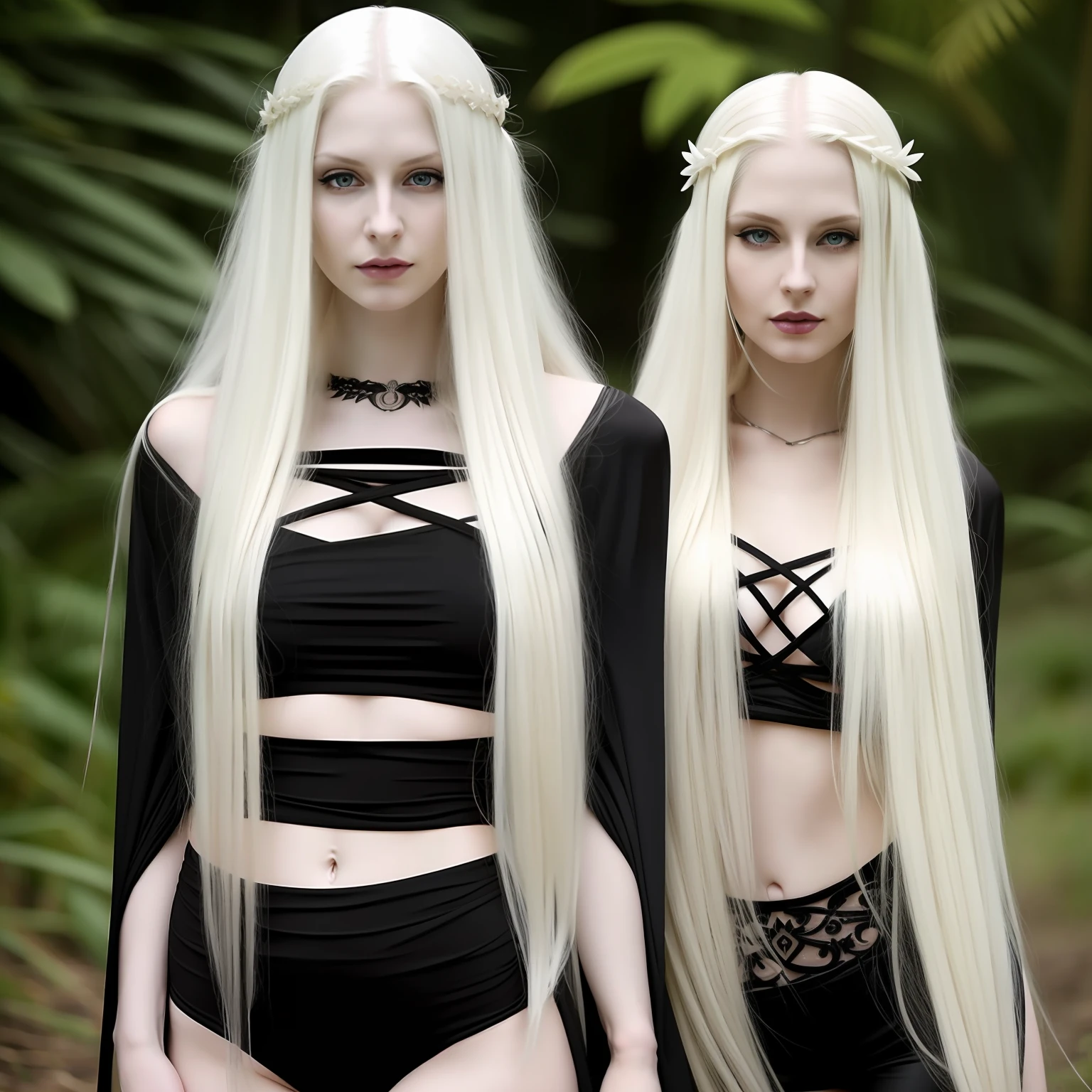 blond woman with long white hair in black bikini top and black pants, pale goth beauty, perfect white haired girl, with long white hair, very beautiful elven top model, pale white skin, with white long hair, pale hair, with pale skin, pale fair skin!!, very pale white skin, extremely pale white skin, very beautiful goth top model
