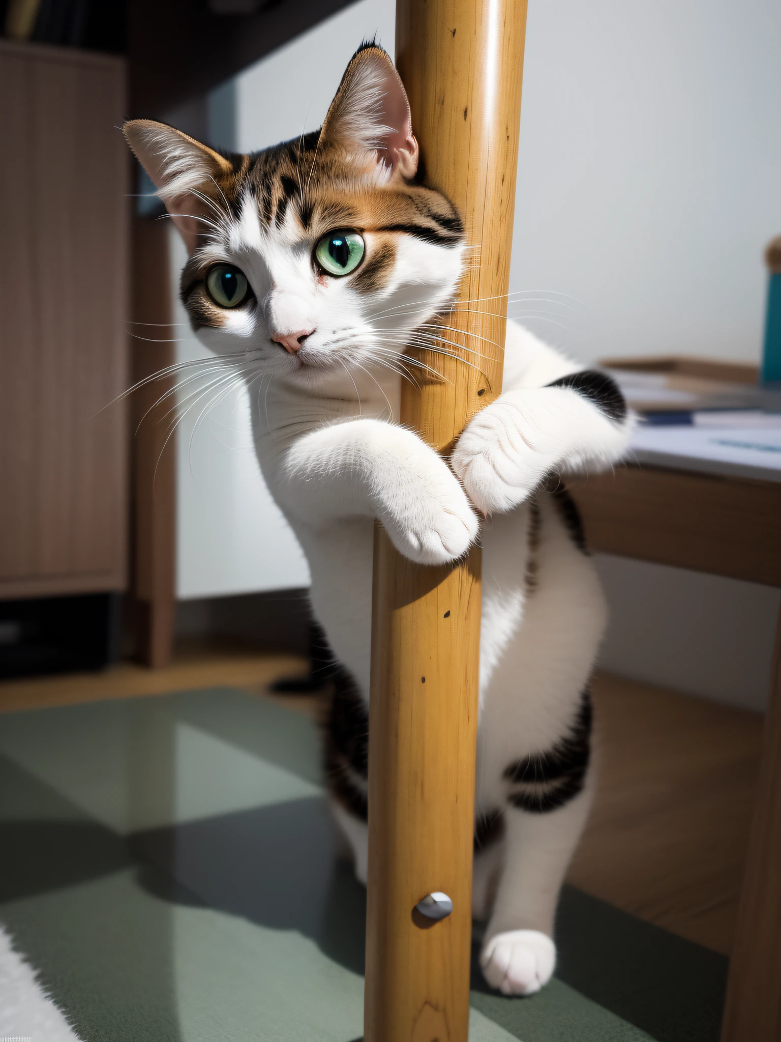 A cat holds a wooden pole, holding paws, A cute cat, taken with a Sony A7R camera, cute cat photo, photo of a cat, Cute cat, cat photo，Unbeatable masterpiece，Ultra-realistic 8K CG，Perfect artwork，Cute cats，calico cat，short hairs，shaggy，Very rich in detail，astonishing detail，Very clear hair，perfect  eyes，Perfect paws，Perfect tail