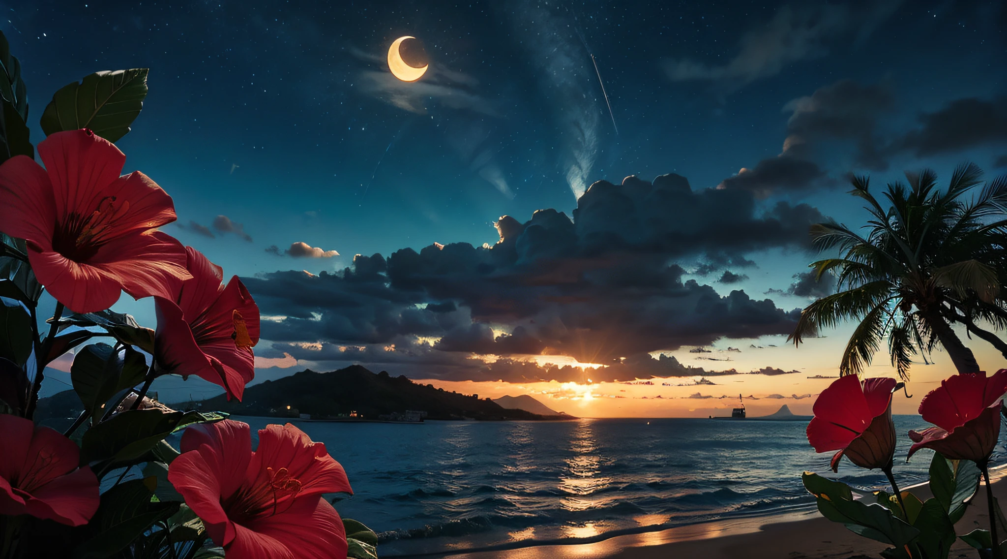 hibiscus Moon with water drops,neon glow, random background, sun rise, bokha mood